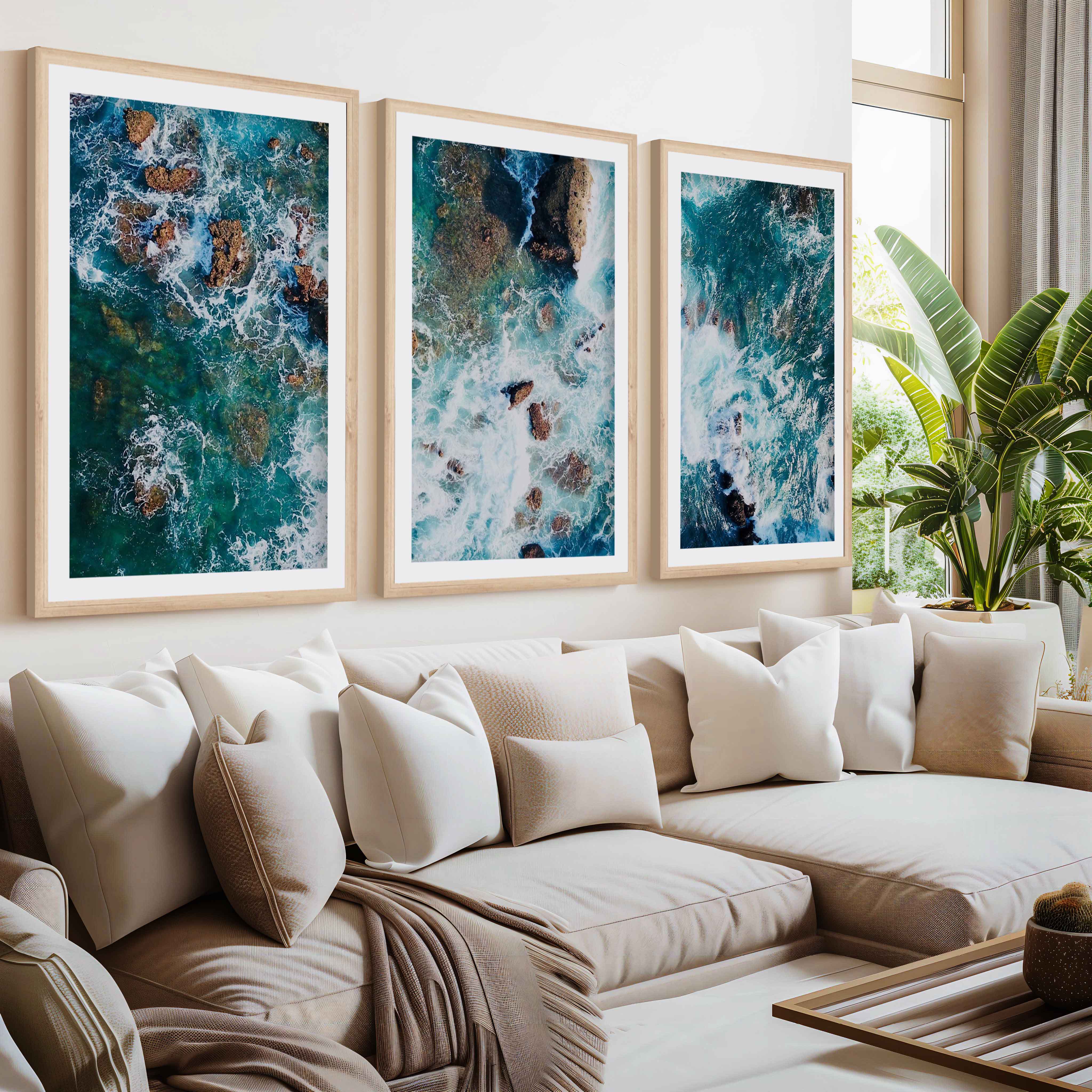 Modern Coastal Artwork – Abstract Ocean Rocks Triptych (3 Prints)- Natural Wood Framed Poster with White Border - Artworksets