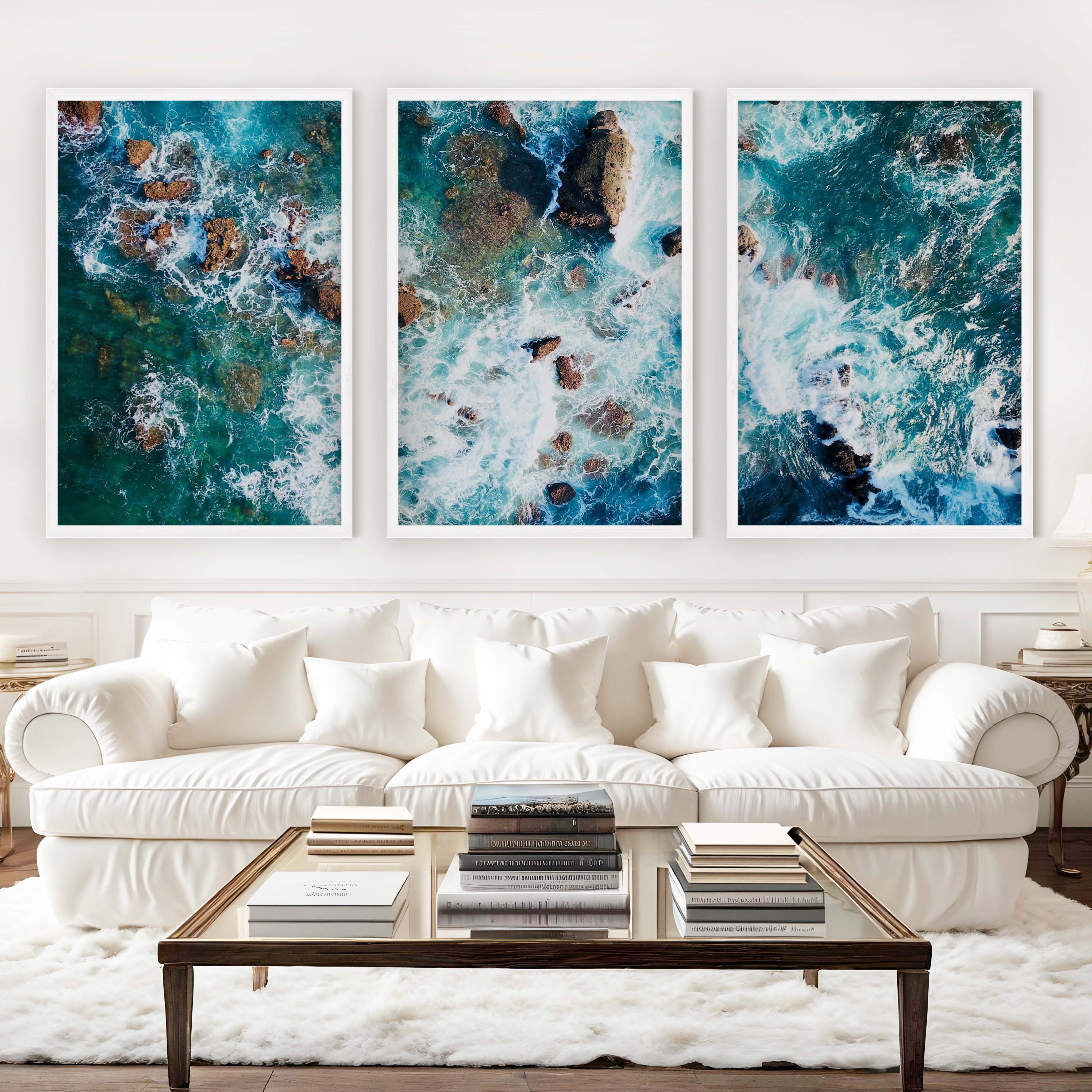 Modern Coastal Artwork – Abstract Ocean Rocks Triptych (3 Prints) - White Framed Poster No Border - Artworksets