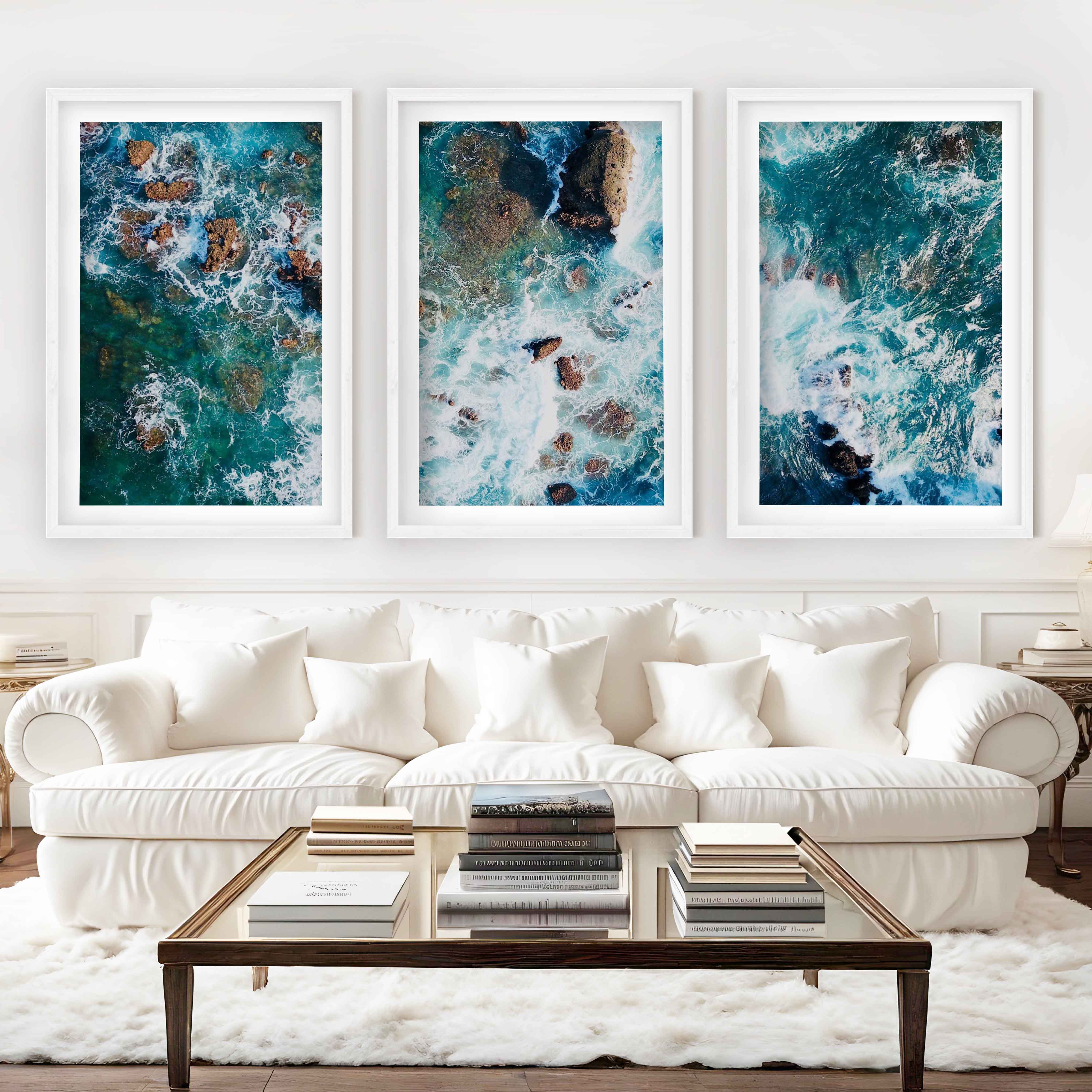 Modern Coastal Artwork – Abstract Ocean Rocks Triptych (3 Prints) - White Framed Poster with White Border - Artworksets