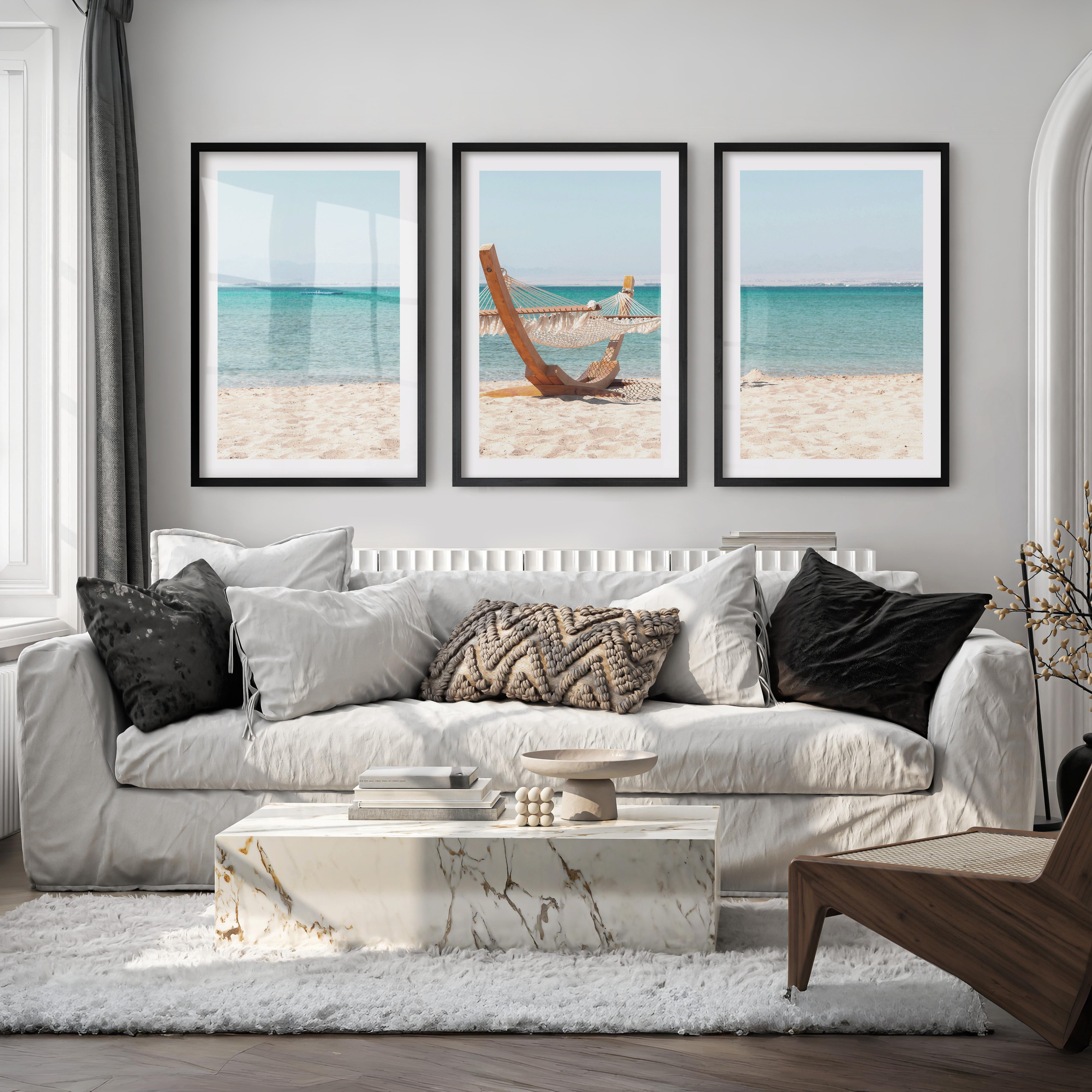 Beach Hammock Modern Coastal Wall Art - Black Framed Poster with White Border - Artworksets