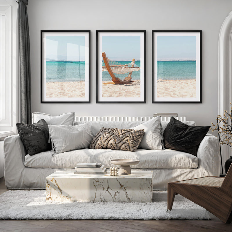 Beach Hammock Modern Coastal Wall Art - Black Framed Poster with White Border - Artworksets