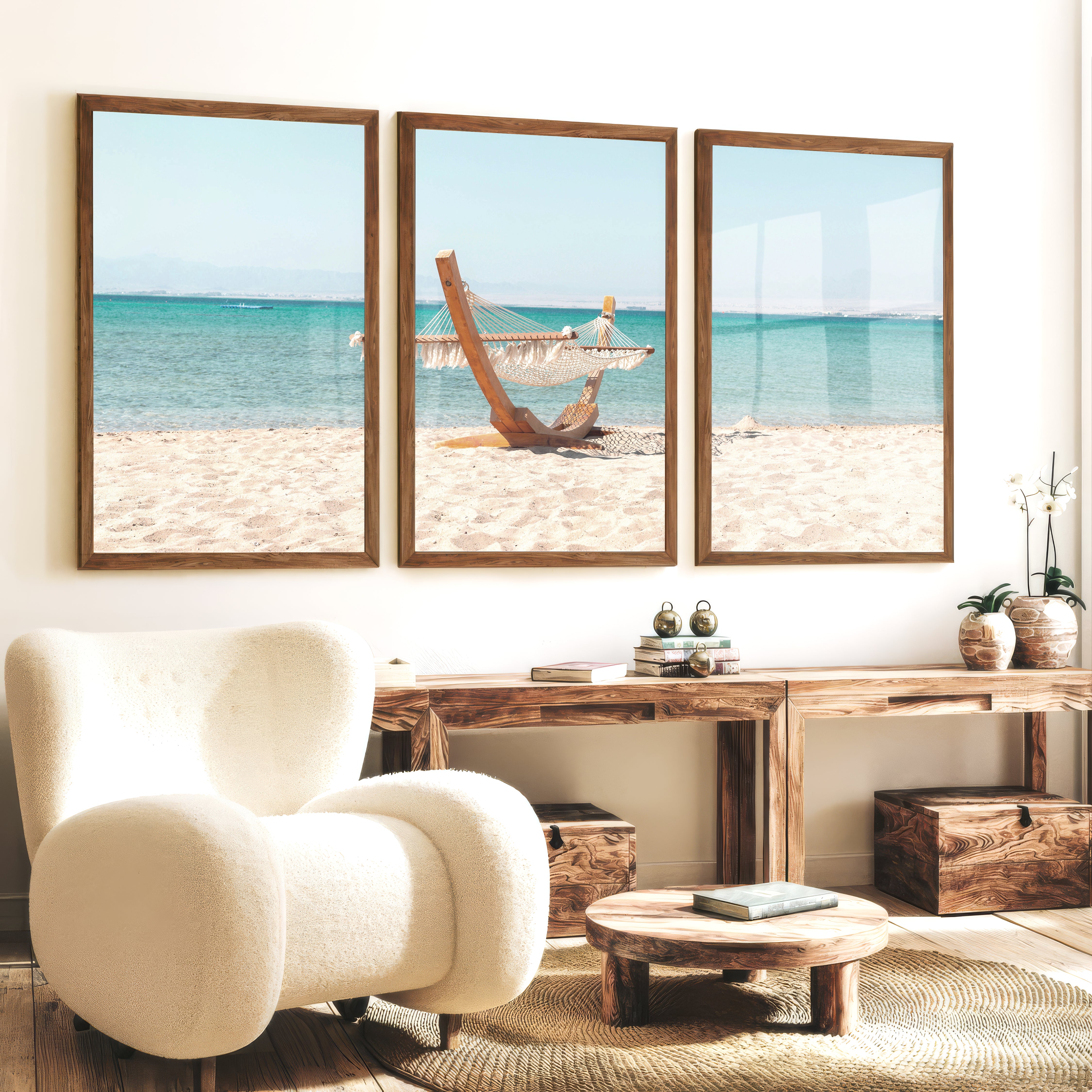 Beach Hammock Modern Coastal Wall Art - Dark Brown Framed Poster No Border - Artworksets
