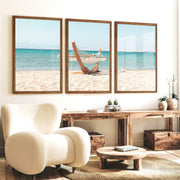 Beach Hammock Modern Coastal Wall Art - Dark Brown Framed Poster No Border - Artworksets