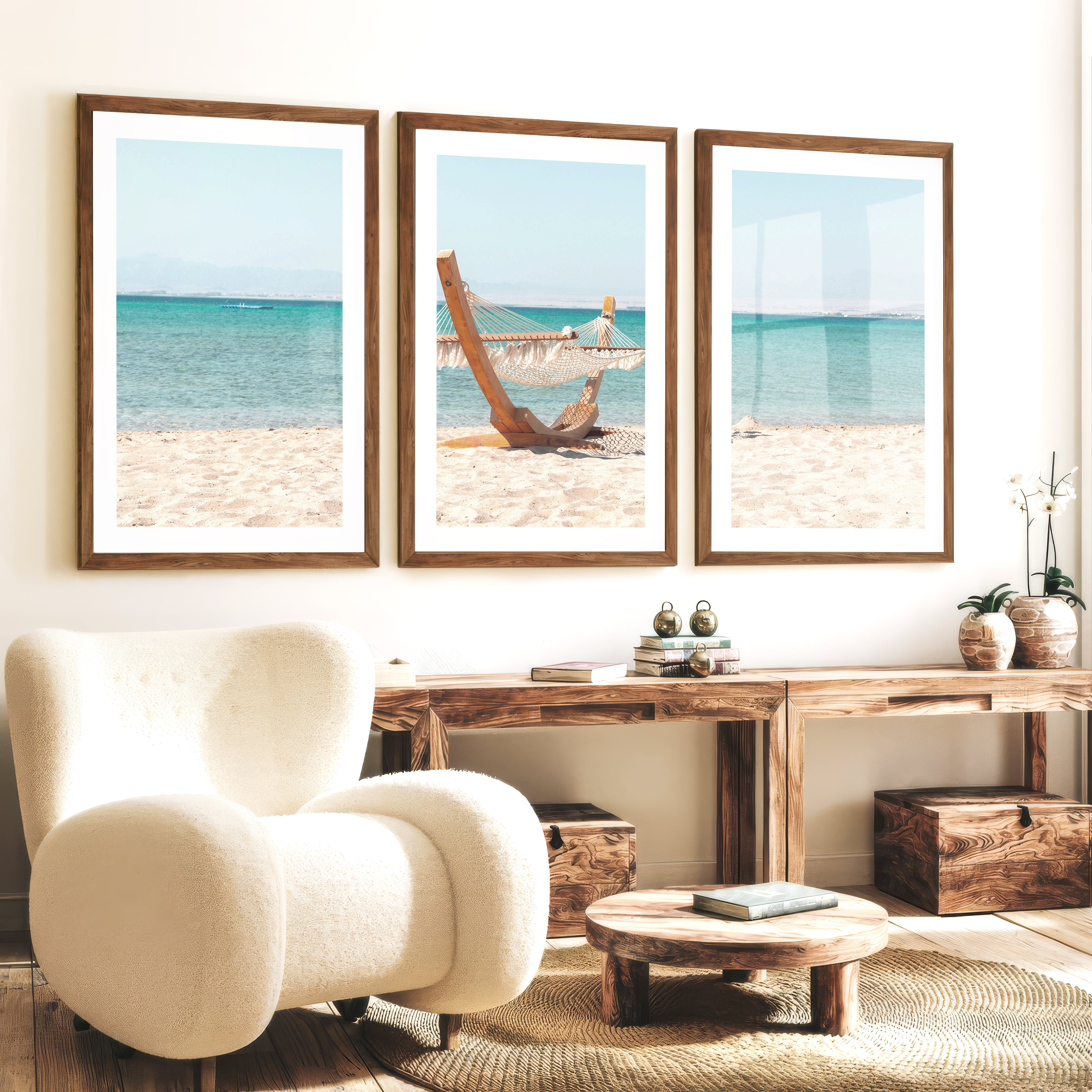 Beach Hammock Modern Coastal Wall Art - Dark Brown Framed Poster with White Border - Artworksets