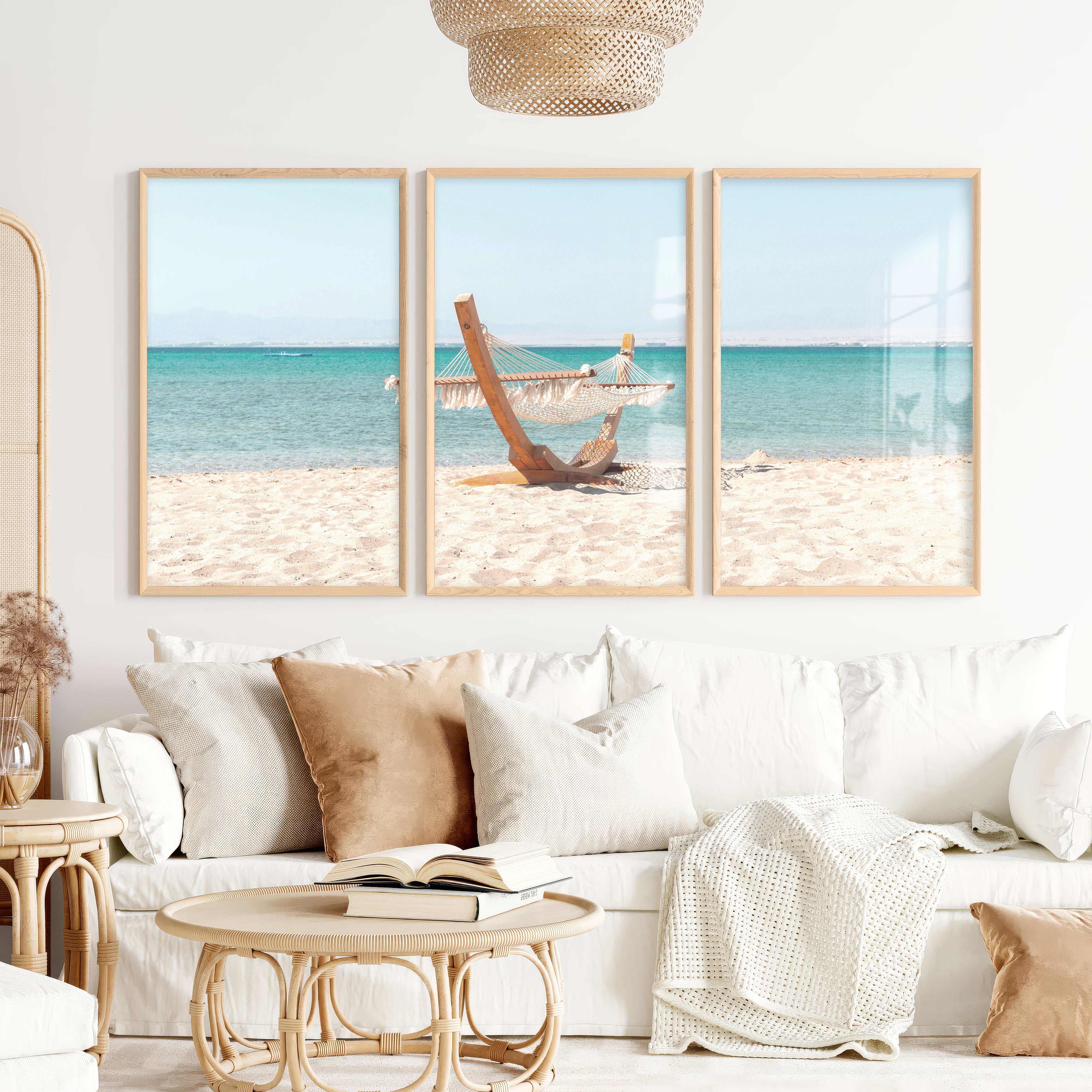 Beach Hammock Modern Coastal Wall Art - Natural Wood Framed Poster No Border - Artworksets