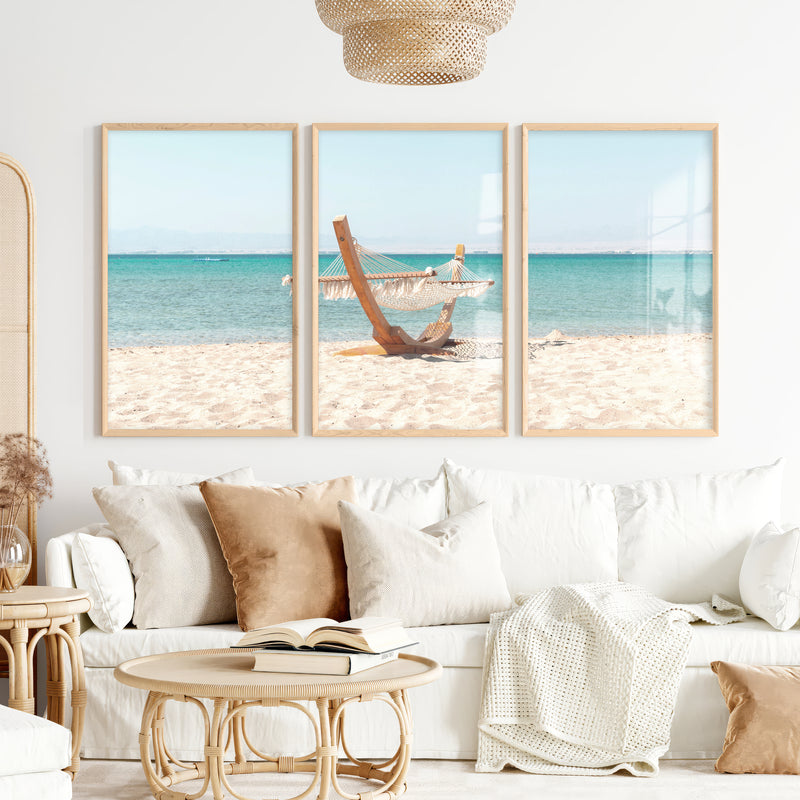 Beach Hammock Modern Coastal Wall Art - Natural Wood Framed Poster No Border - Artworksets