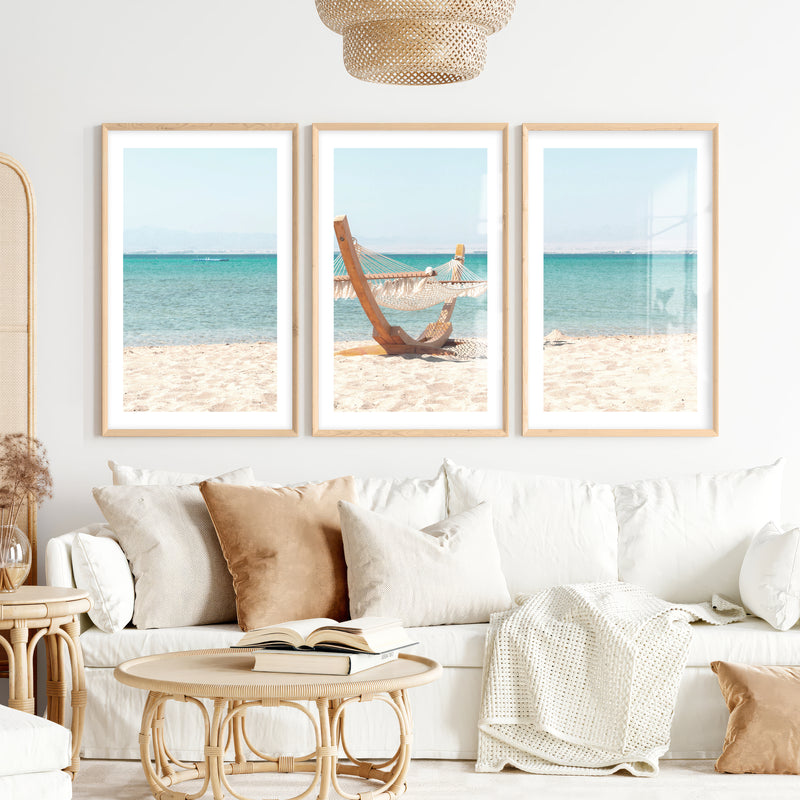 Beach Hammock Modern Coastal Wall Art- Natural Wood Framed Poster with White Border - Artworksets