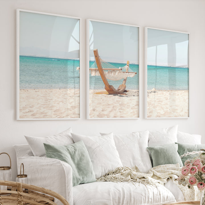 Beach Hammock Modern Coastal Wall Art - White Framed Poster No Border - Artworksets