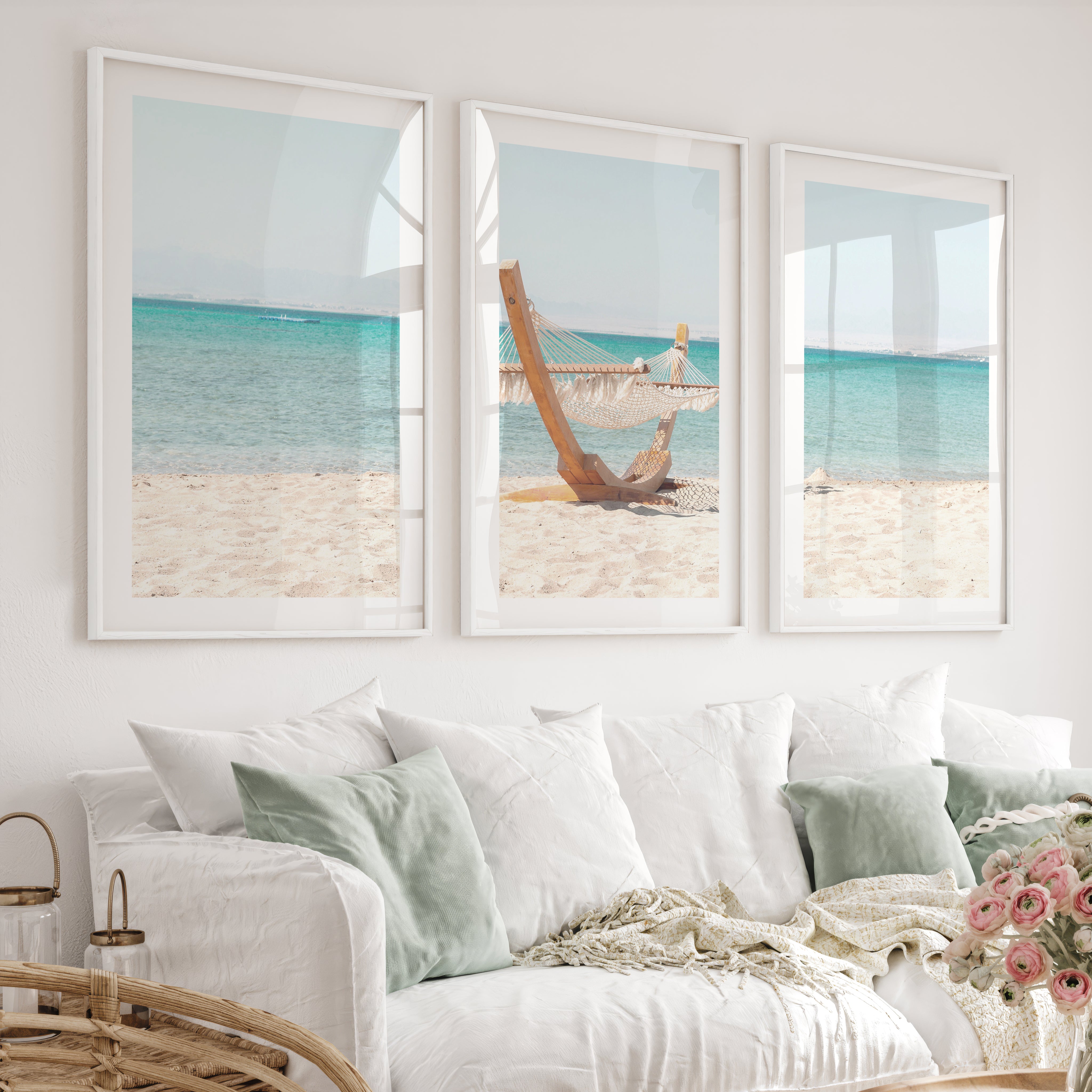 Beach Hammock Modern Coastal Wall Art - White Framed Poster with White Border - Artworksets