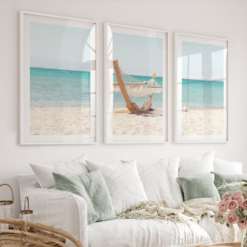 Beach Hammock Modern Coastal Wall Art - White Framed Poster with White Border - Artworksets