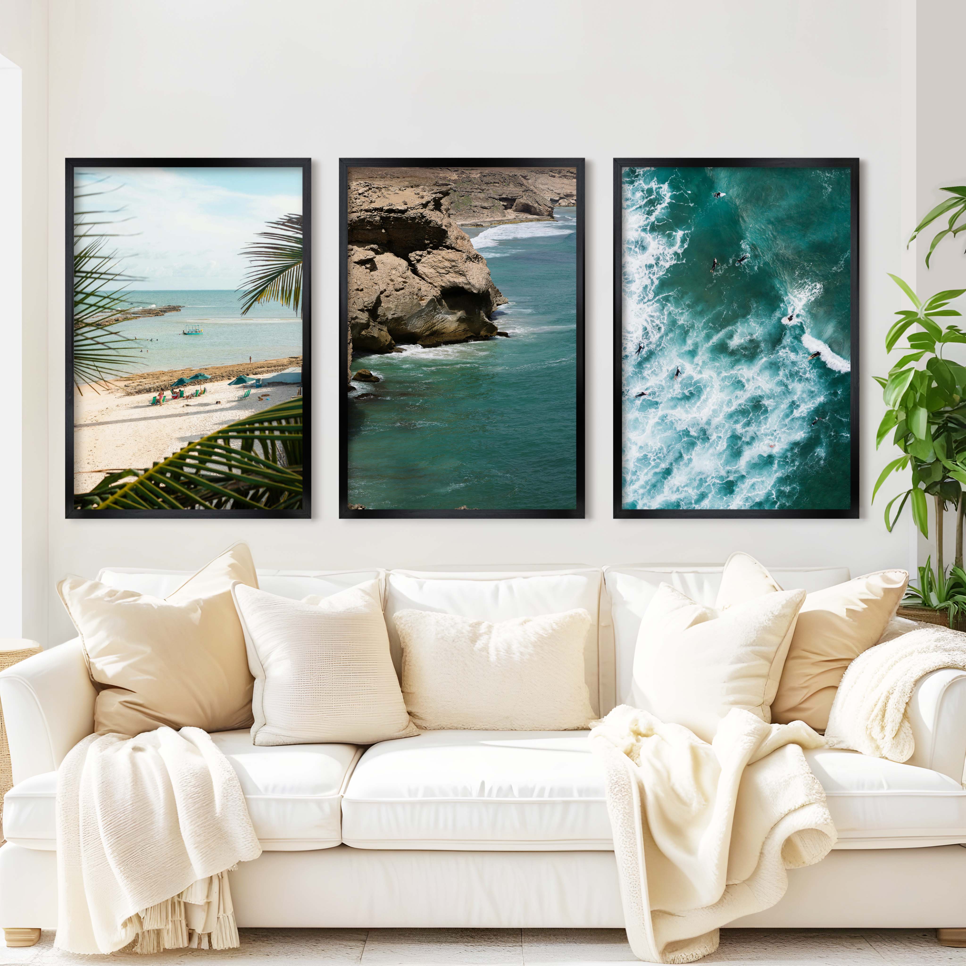 Modern Coastal Wall Decor – Palms, Beach & Rocky Shore (Set of 3) - Black Framed Poster No Border - Artworksets