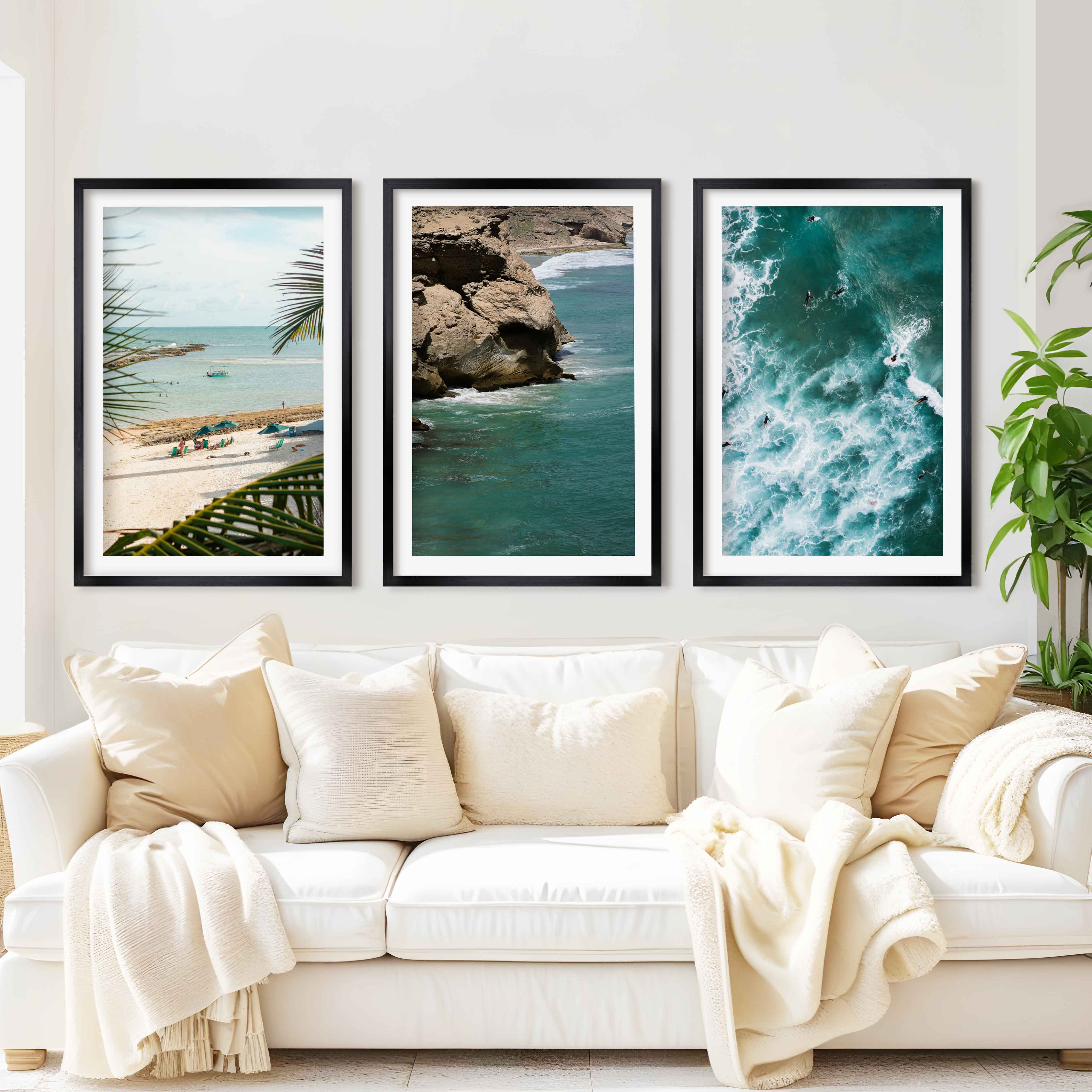 Modern Coastal Wall Decor – Palms, Beach & Rocky Shore (Set of 3) - Black Framed Poster with White Border - Artworksets