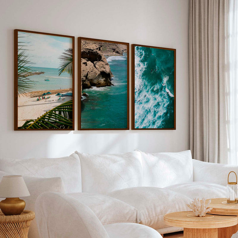 Modern Coastal Wall Decor – Palms, Beach & Rocky Shore (Set of 3) - Dark Brown Framed Poster No Border - Artworksets