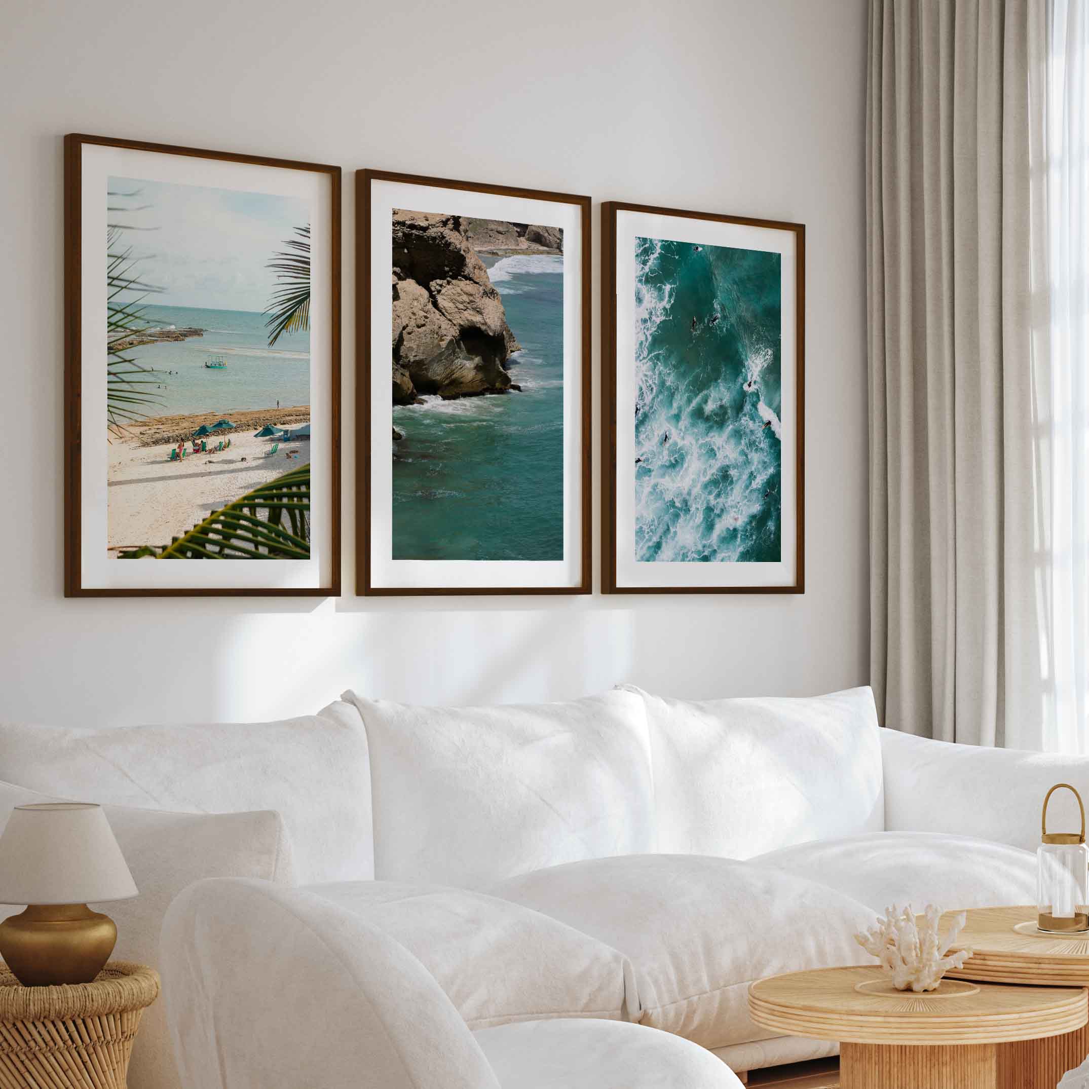 Modern Coastal Wall Decor – Palms, Beach & Rocky Shore (Set of 3) - Dark Brown Framed Poster with White Border - Artworksets