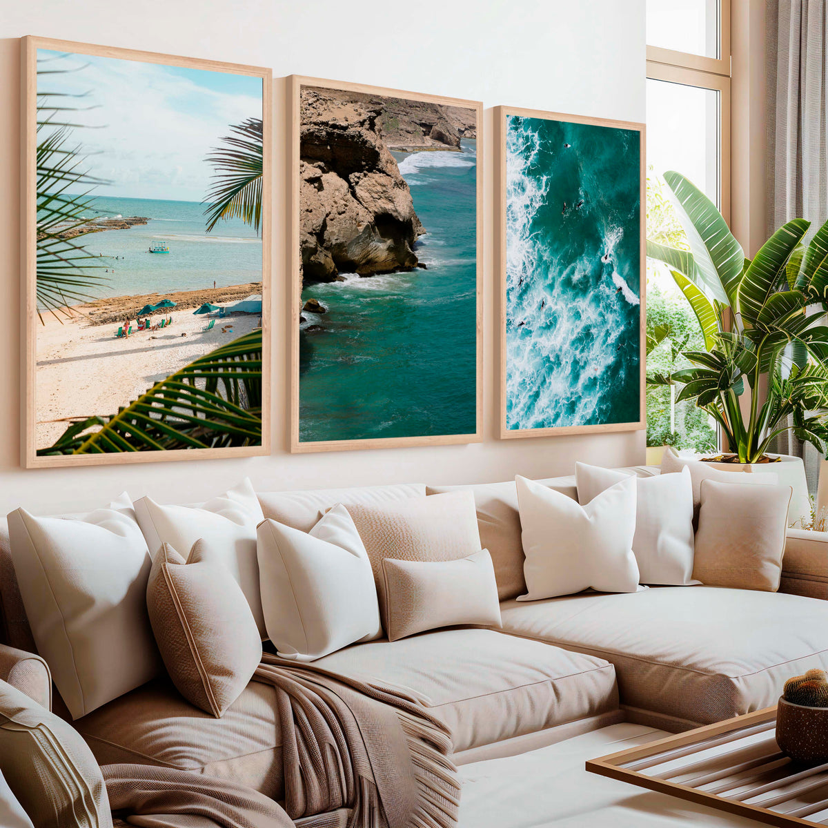 Modern Coastal Wall Decor – Palms, Beach & Rocky Shore (Set of 3) - Natural Wood Framed Poster No Border - Artworksets