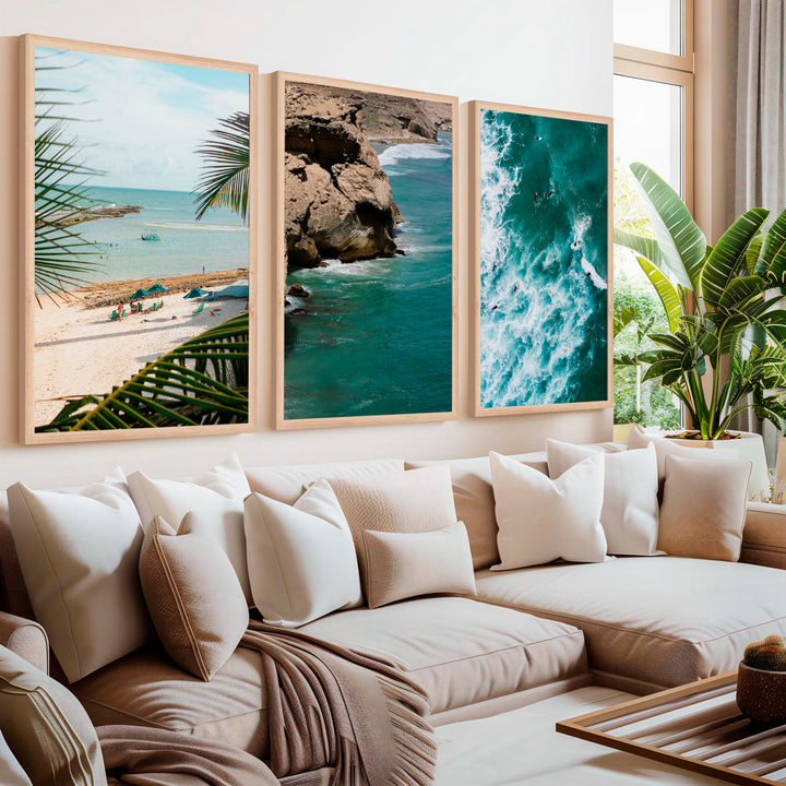 Modern Coastal Wall Decor – Palms, Beach & Rocky Shore (Set of 3) - Natural Wood Framed Poster No Border - Artworksets