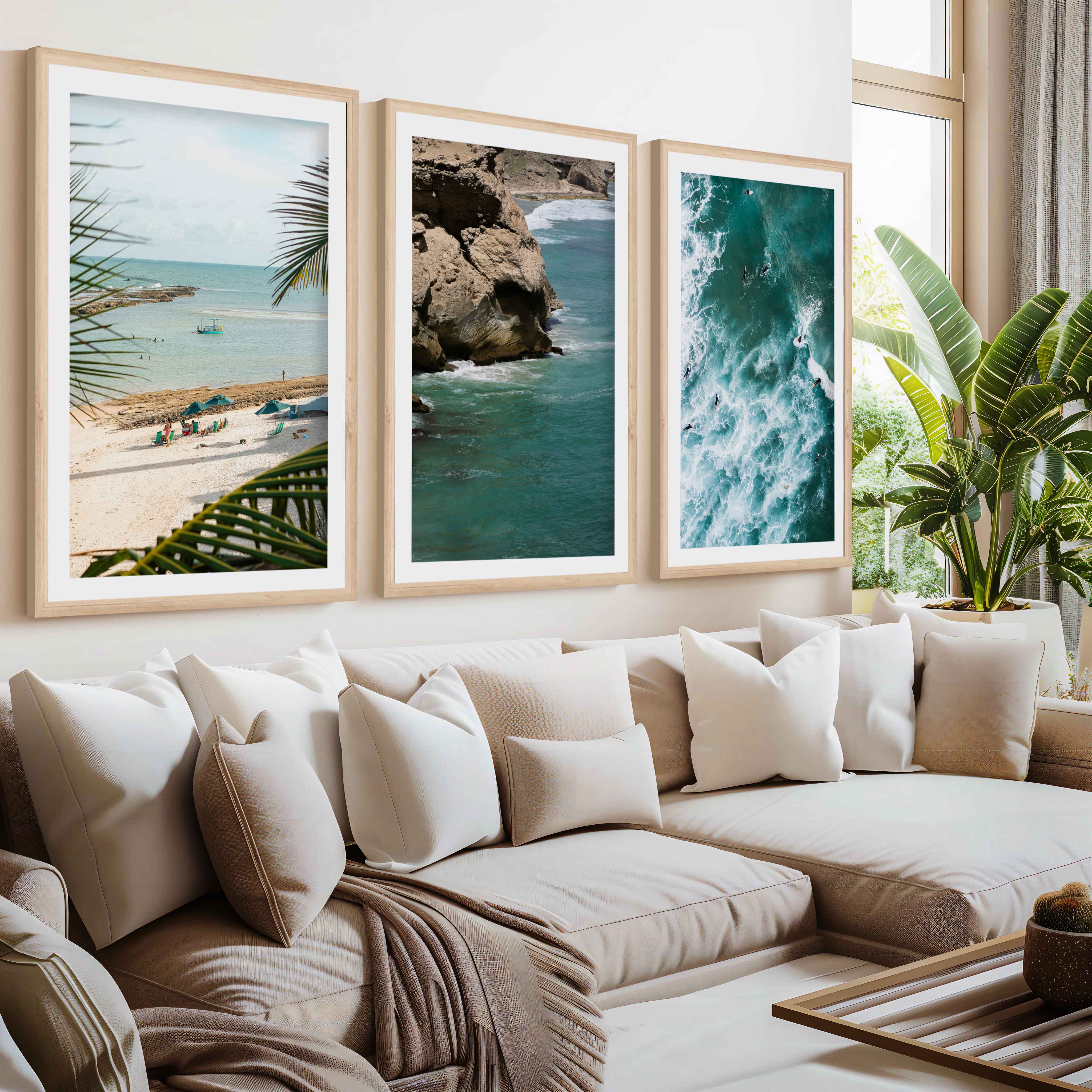 Modern Coastal Wall Decor – Palms, Beach & Rocky Shore (Set of 3)- Natural Wood Framed Poster with White Border - Artworksets
