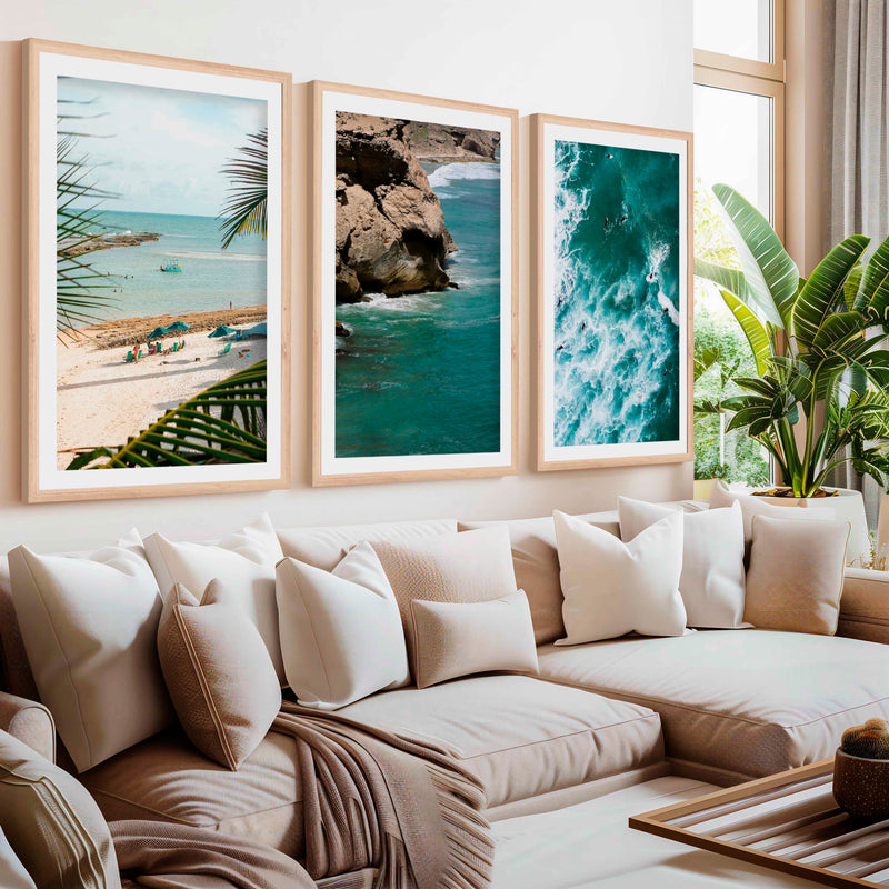 Modern Coastal Wall Decor – Palms, Beach & Rocky Shore (Set of 3)- Natural Wood Framed Poster with White Border - Artworksets