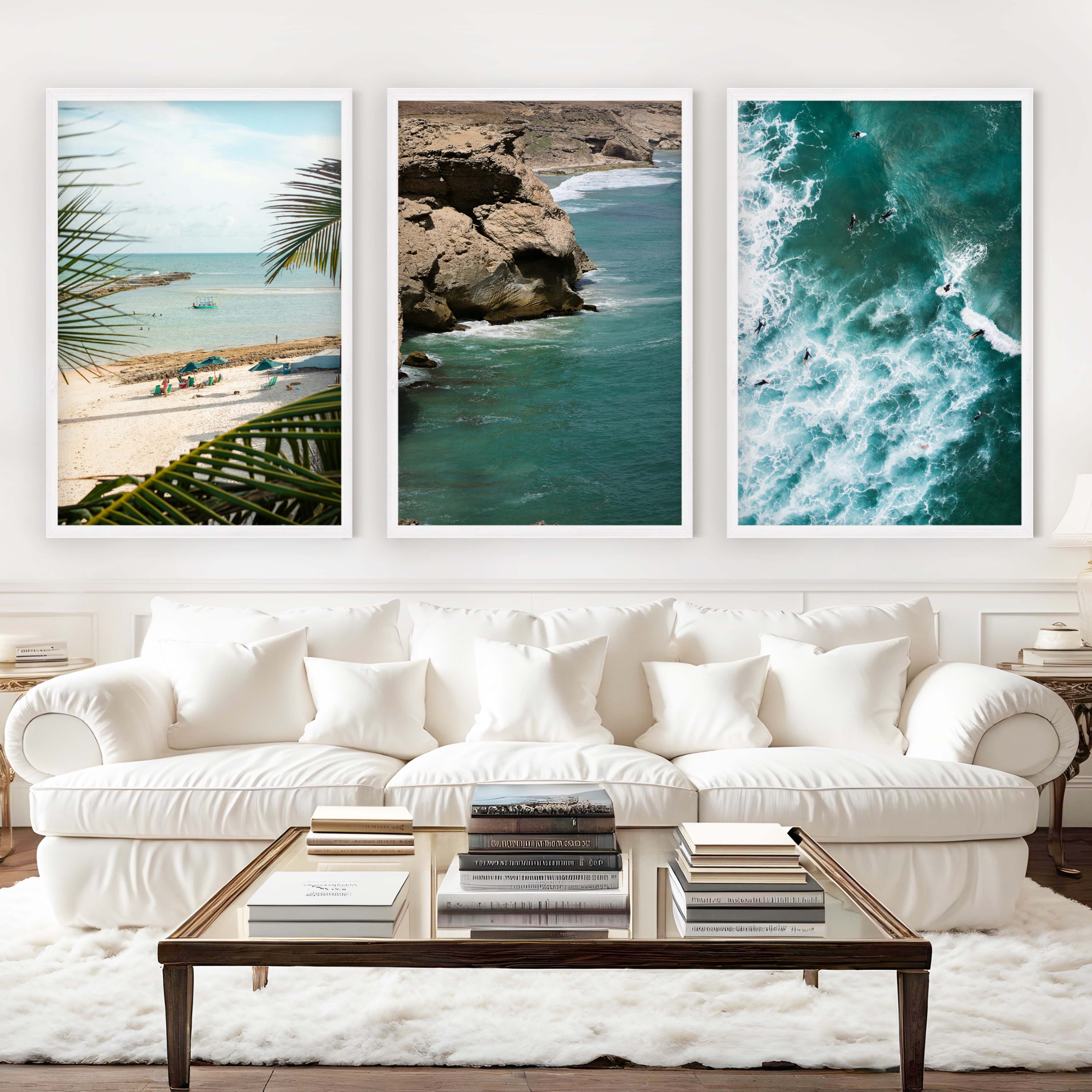 Modern Coastal Wall Decor – Palms, Beach & Rocky Shore (Set of 3) - White Framed Poster No Border - Artworksets