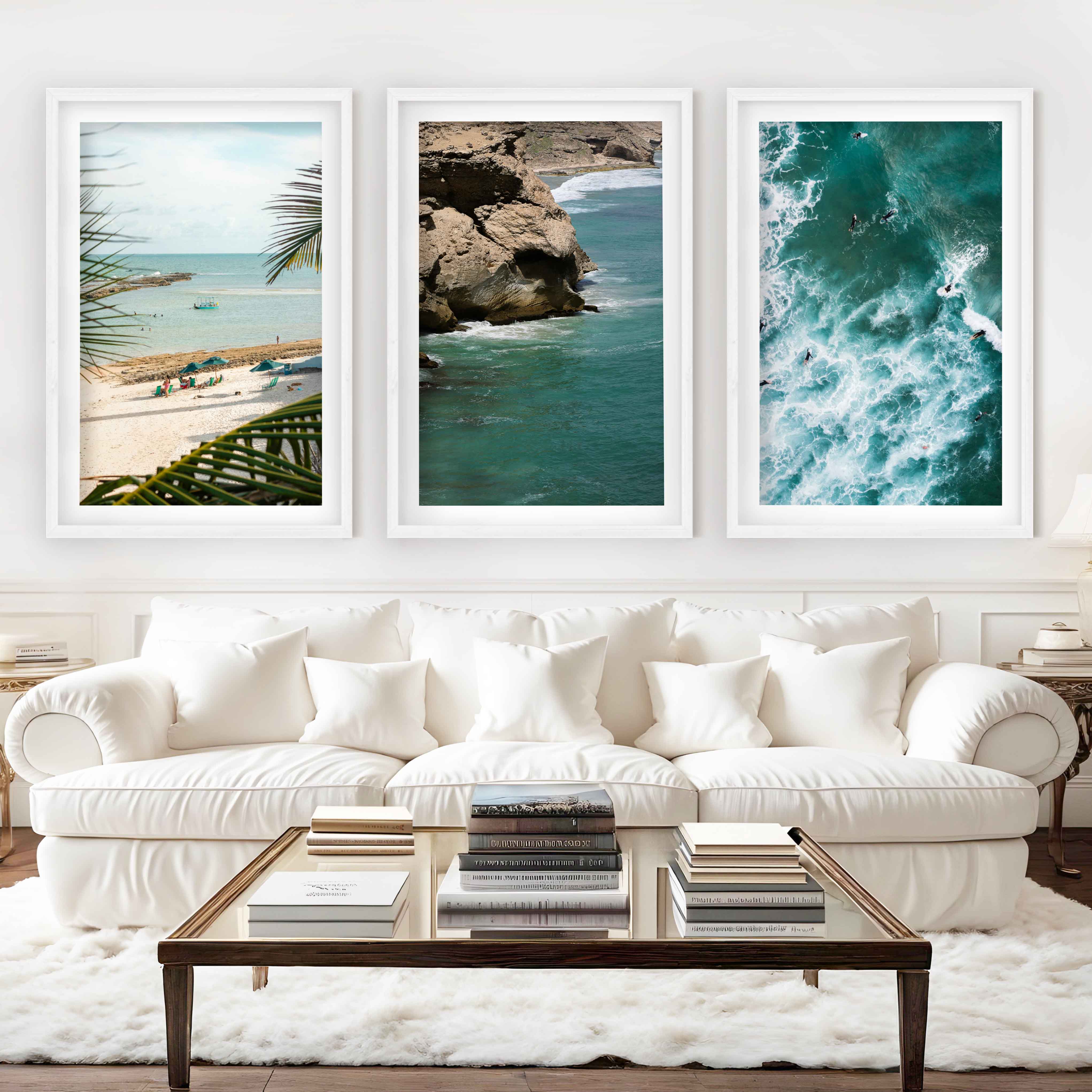 Modern Coastal Wall Decor – Palms, Beach & Rocky Shore (Set of 3) - White Framed Poster with White Border - Artworksets