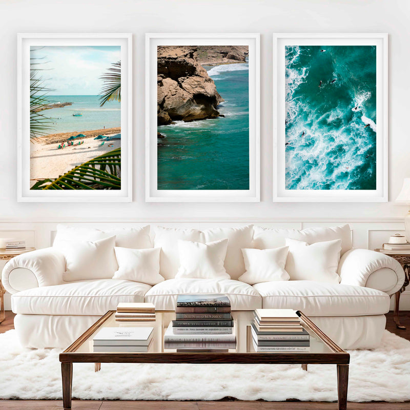 Modern Coastal Wall Decor – Palms, Beach & Rocky Shore (Set of 3) - White Framed Poster with White Border - Artworksets