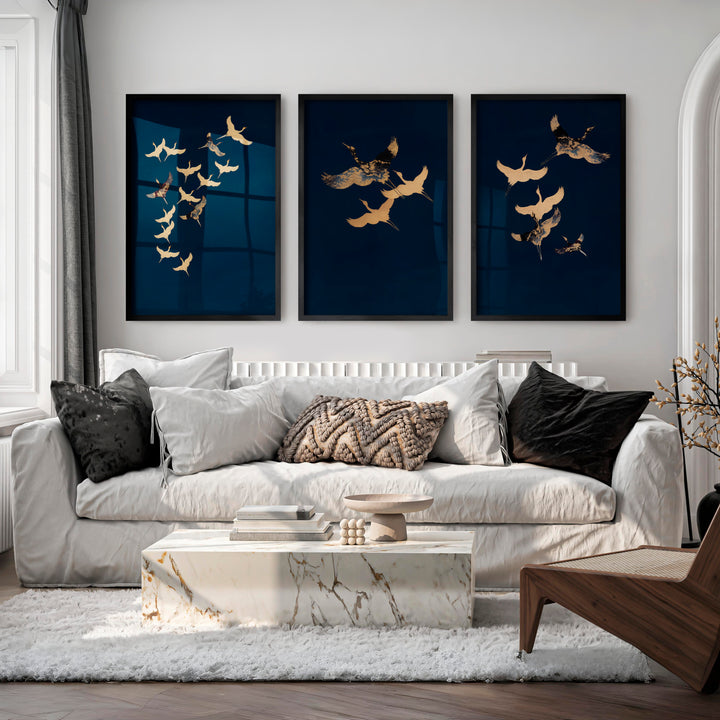 Cranes in Flight for modern japandi interior design - Black Framed Poster No Border - Artworksets