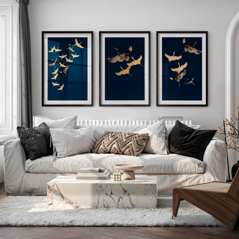 Cranes in Flight for modern japandi interior design - Black Framed Poster with White Border - Artworksets