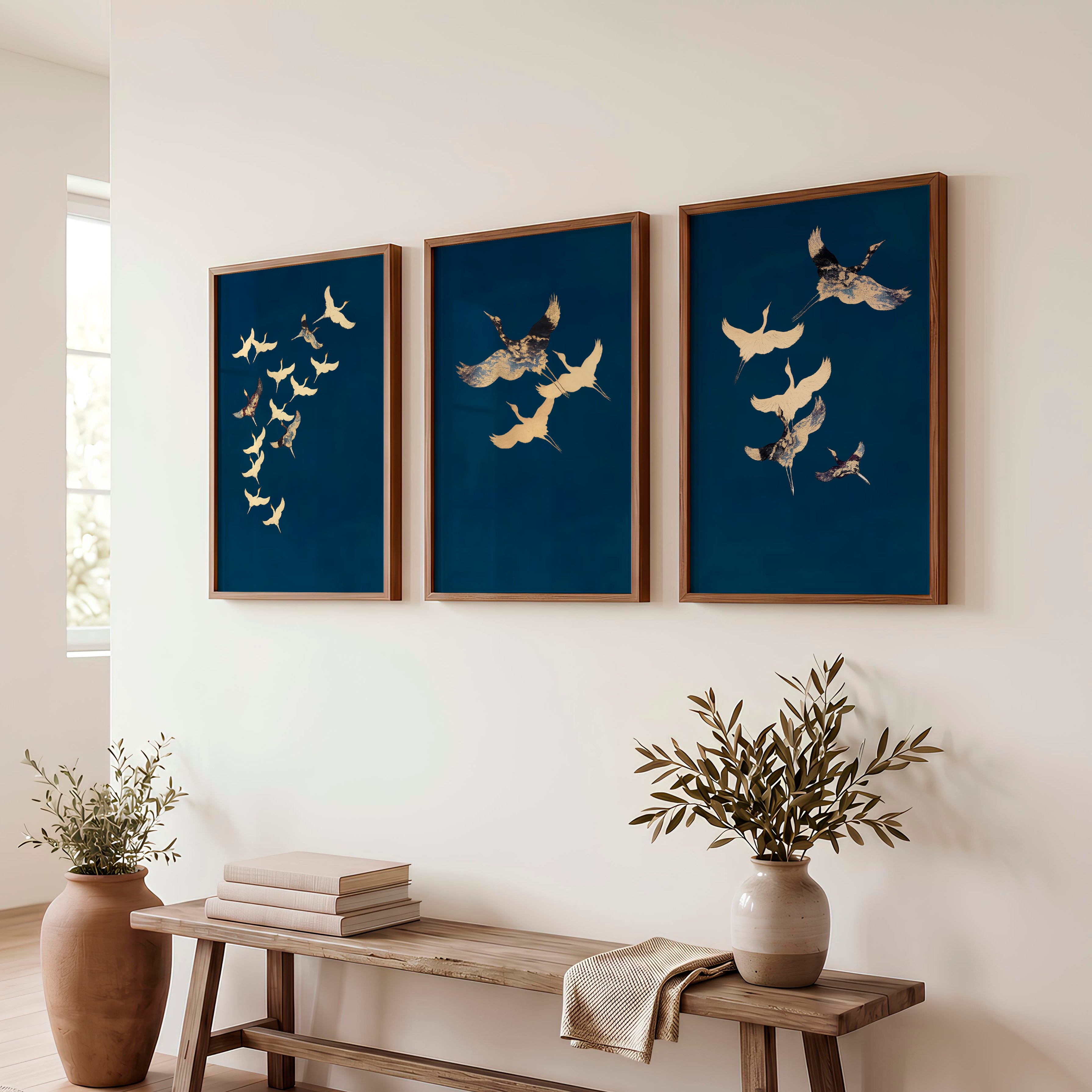 Cranes in Flight for modern japandi interior design - Dark Brown Framed Poster No Border - Artworksets