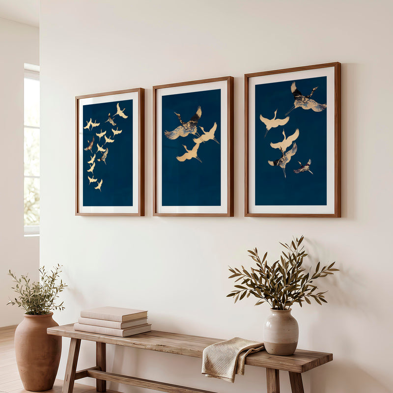 Cranes in Flight for modern japandi interior design - Dark Brown Framed Poster with White Border - Artworksets