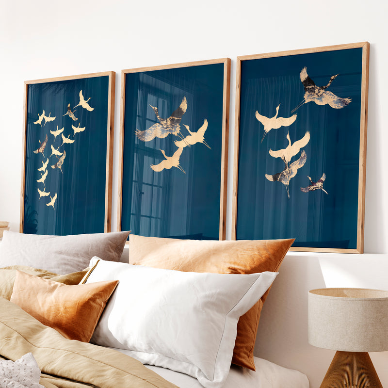 Cranes in Flight for modern japandi interior design - Natural Wood Framed Poster No Border - Artworksets