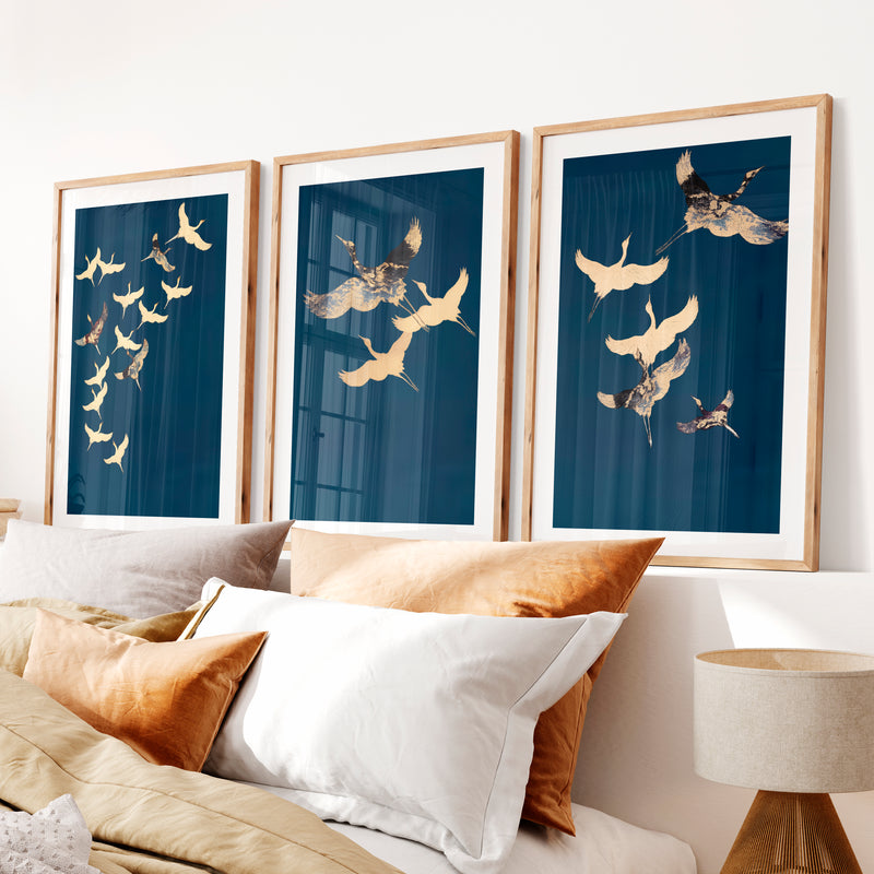 Cranes in Flight for modern japandi interior design- Natural Wood Framed Poster with White Border - Artworksets