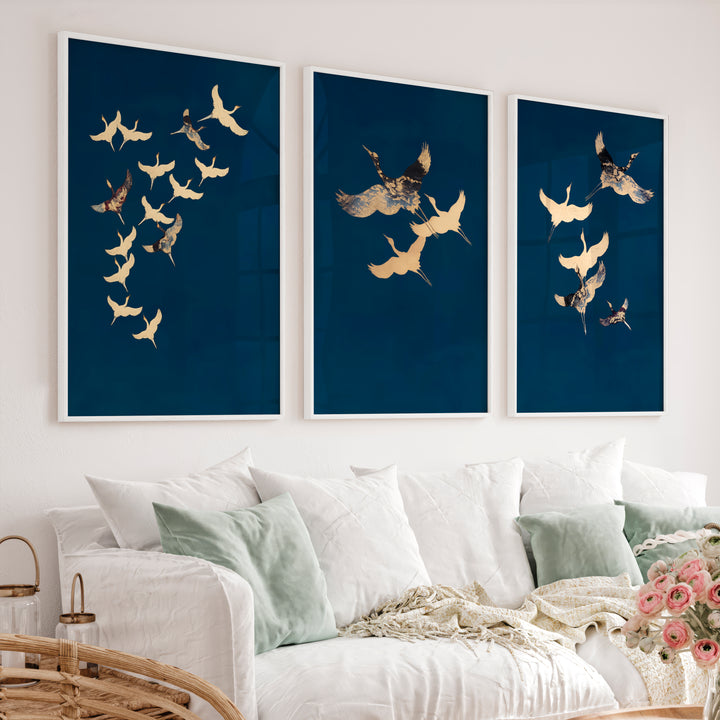 Cranes in Flight for modern japandi interior design - White Framed Poster No Border - Artworksets