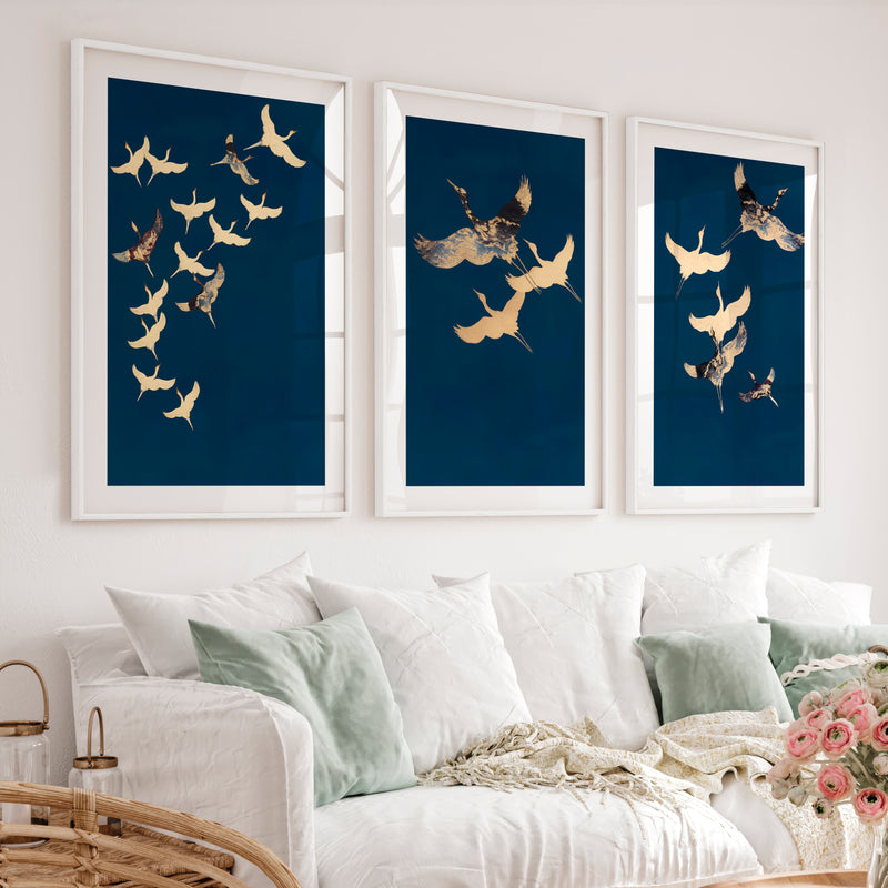 Cranes in Flight for modern japandi interior design - White Framed Poster with White Border - Artworksets