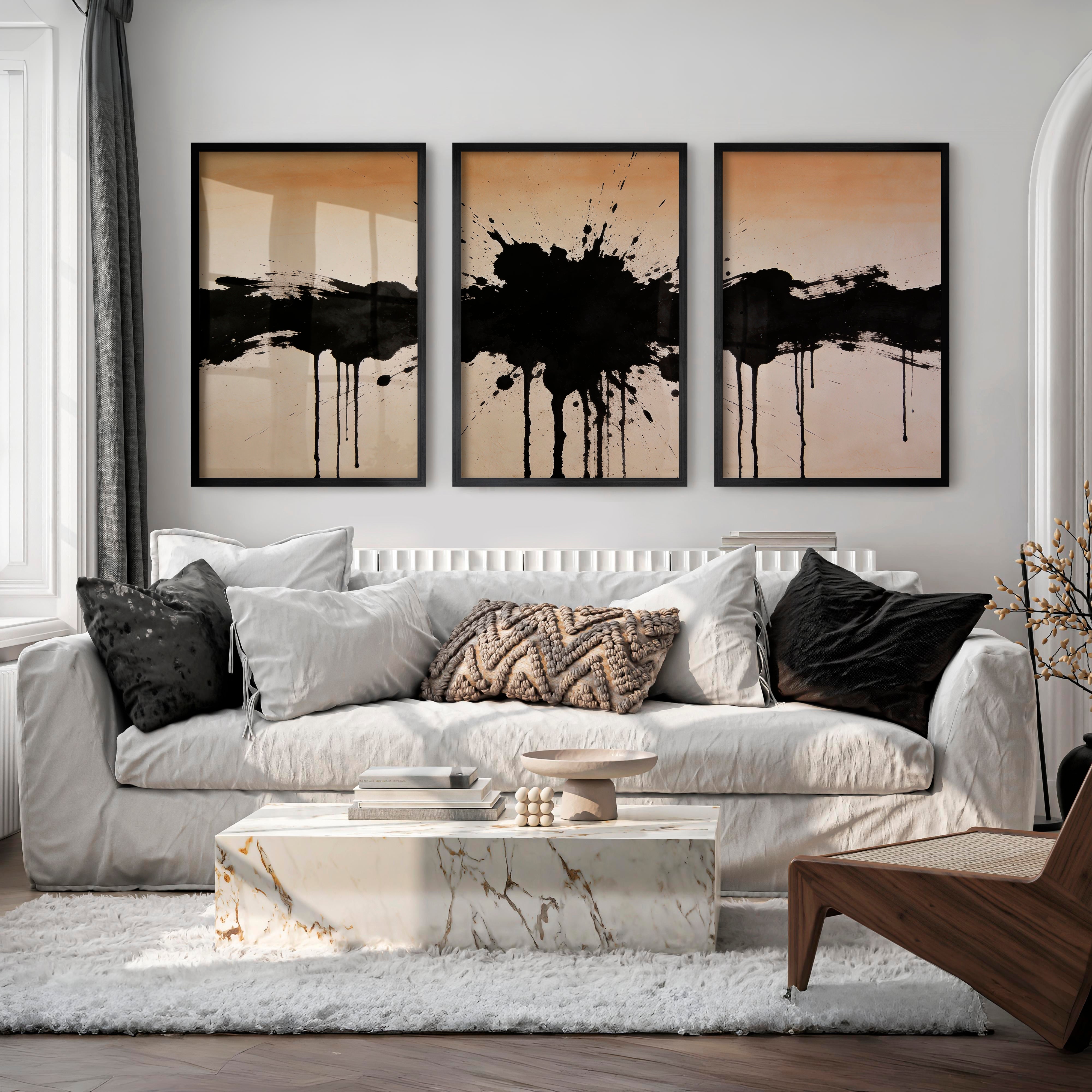 Black Ink Splash in modern japandi interior design - Black Framed Poster No Border - Artworksets