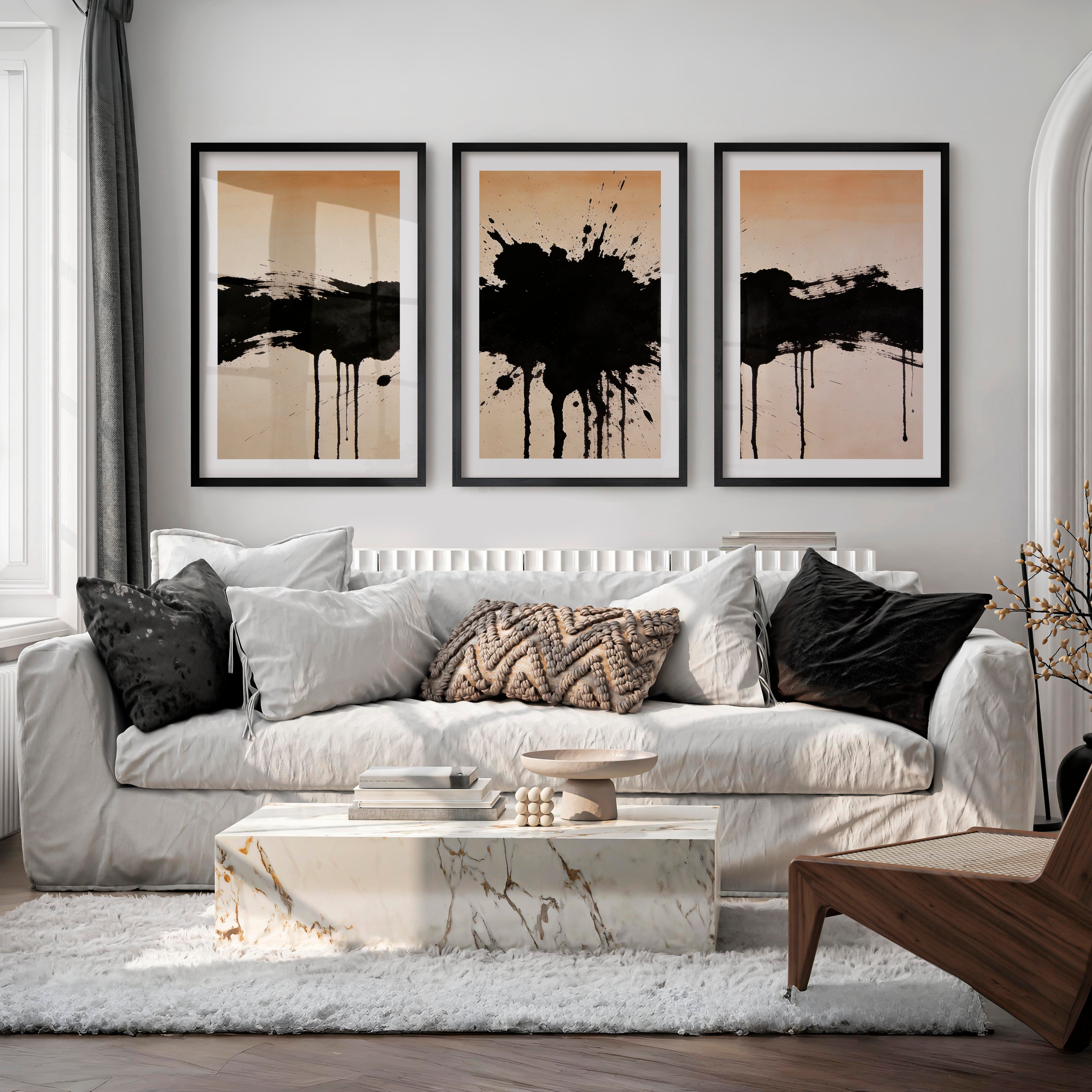 Black Ink Splash in modern japandi interior design - Black Framed Poster with White Border - Artworksets