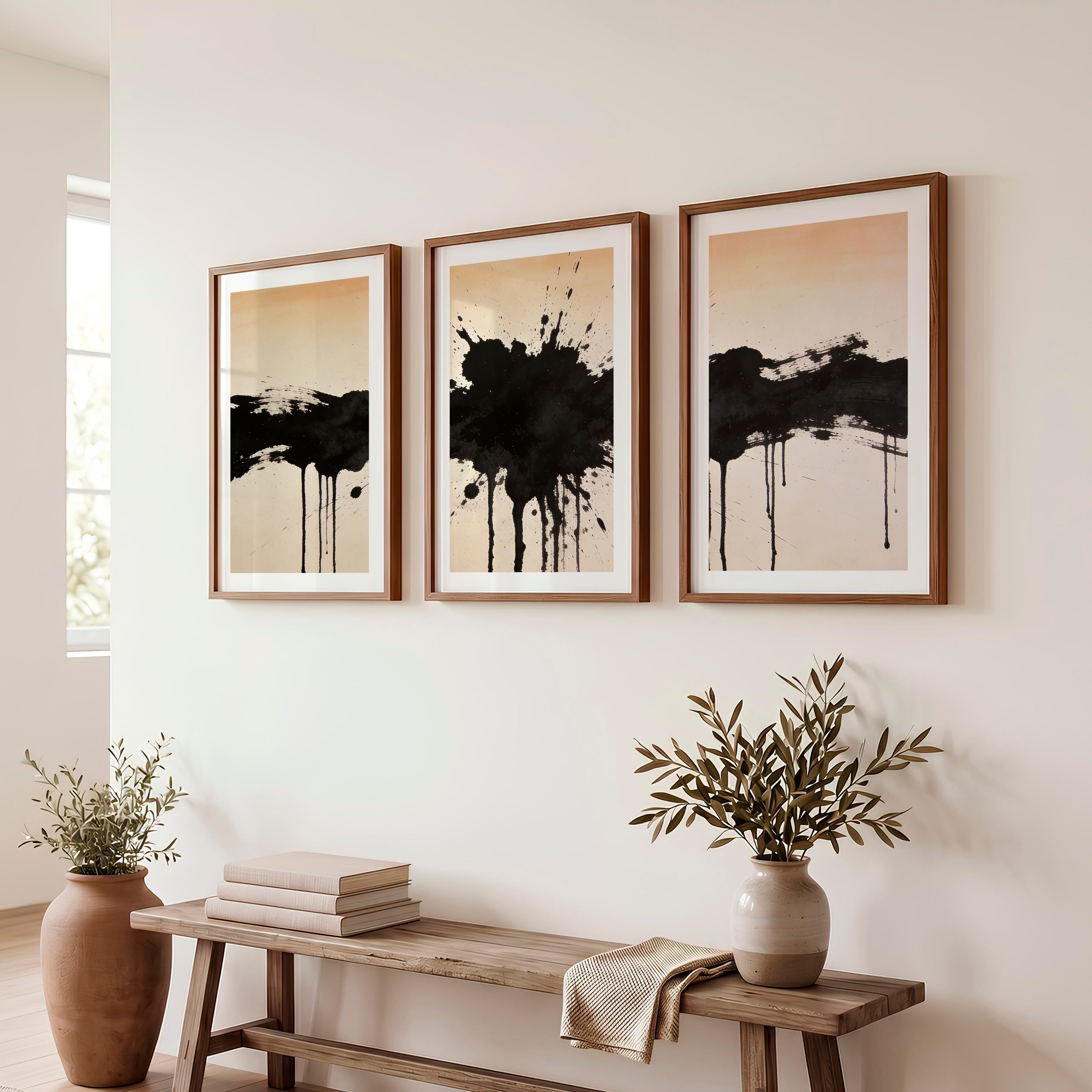 Black Ink Splash in modern japandi interior design - Dark Brown Framed Poster with White Border - Artworksets