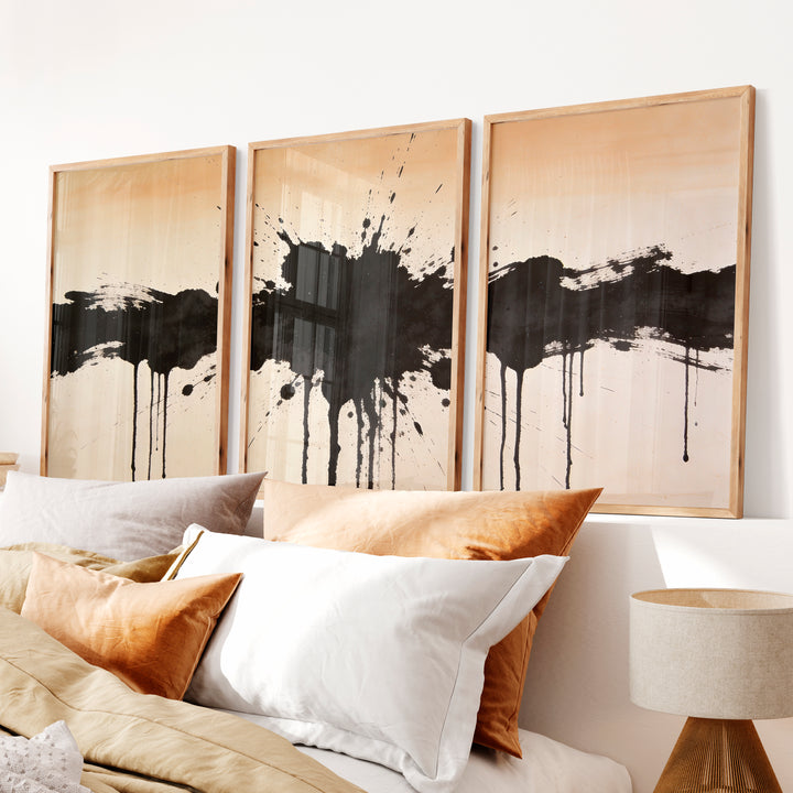 Black Ink Splash in modern japandi interior design - Natural Wood Framed Poster No Border - Artworksets