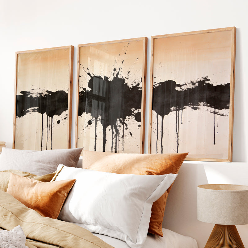 Black Ink Splash in modern japandi interior design - Natural Wood Framed Poster No Border - Artworksets
