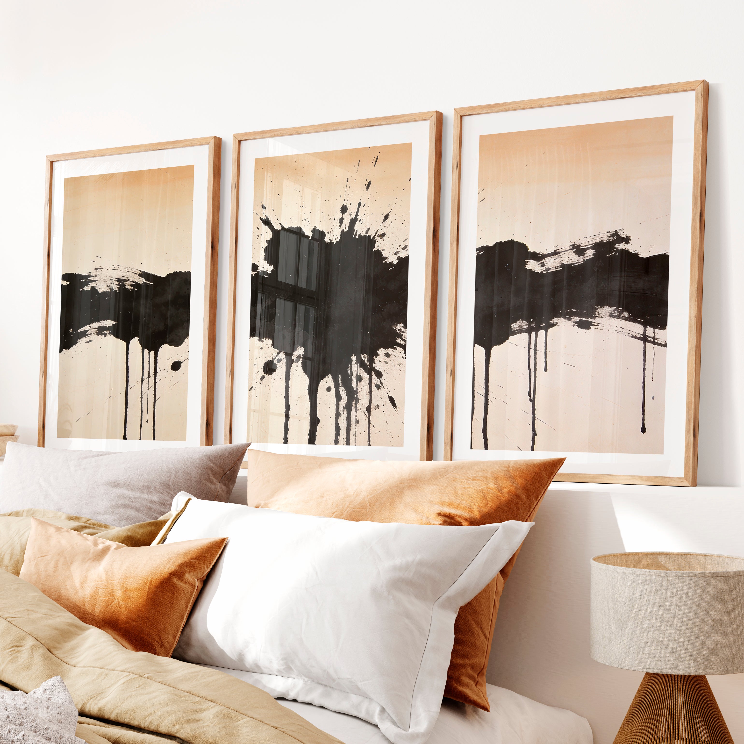 Black Ink Splash in modern japandi interior design- Natural Wood Framed Poster with White Border - Artworksets
