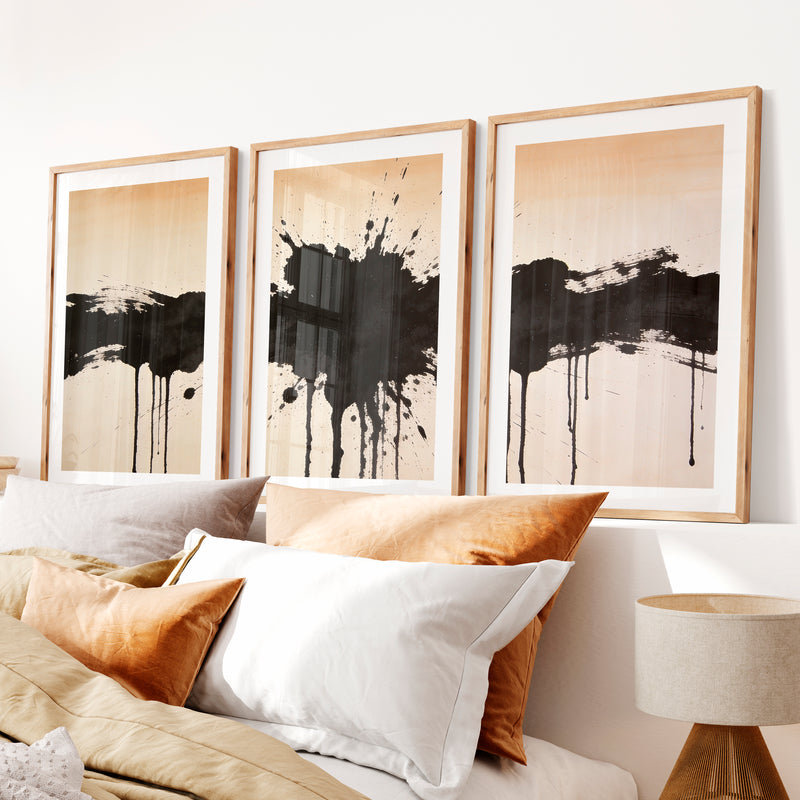 Black Ink Splash in modern japandi interior design- Natural Wood Framed Poster with White Border - Artworksets