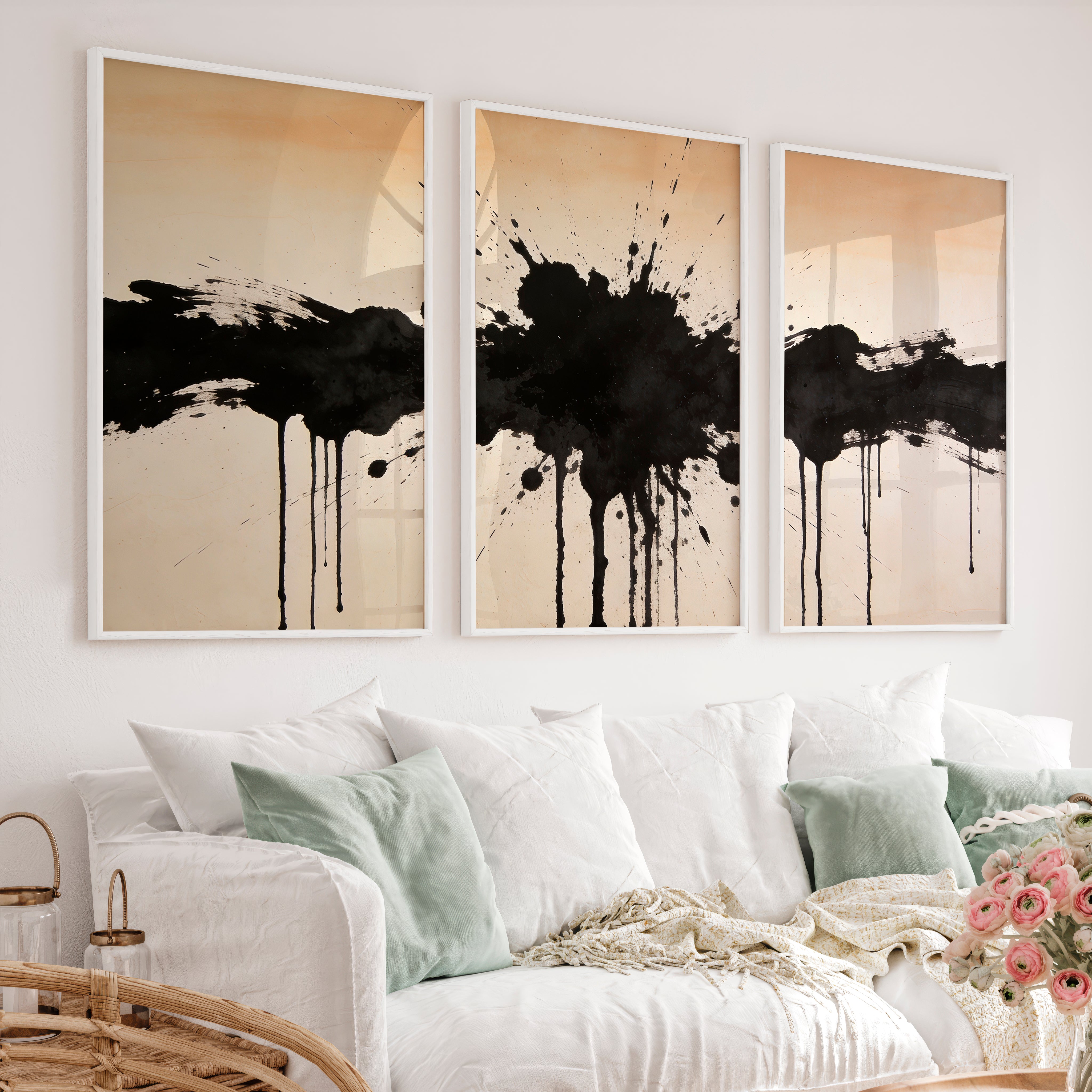 Black Ink Splash in modern japandi interior design - White Framed Poster No Border - Artworksets