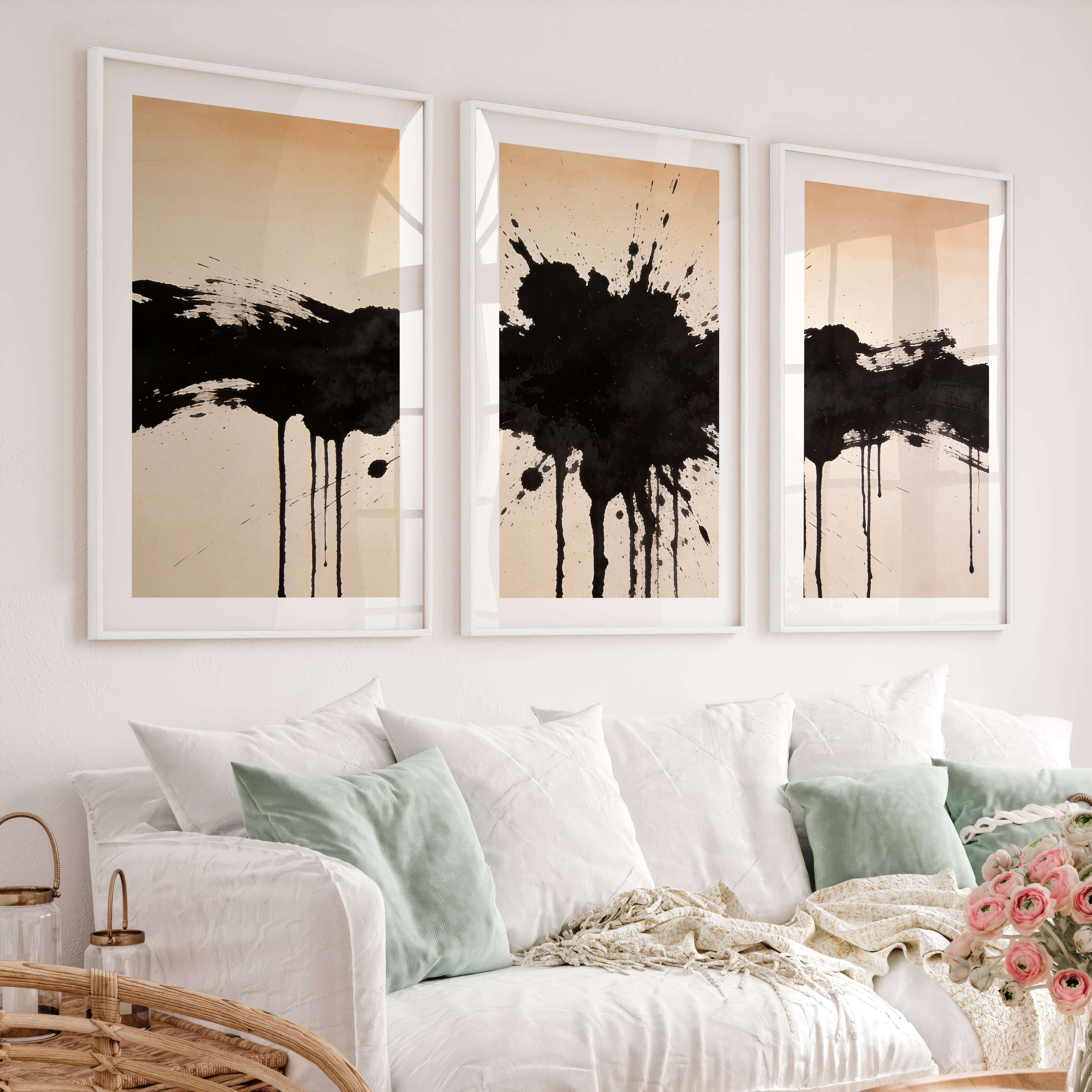 Black Ink Splash in modern japandi interior design - White Framed Poster with White Border - Artworksets