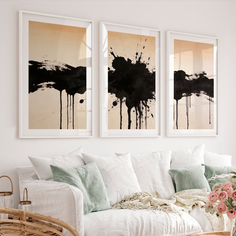 Black Ink Splash in modern japandi interior design - White Framed Poster with White Border - Artworksets