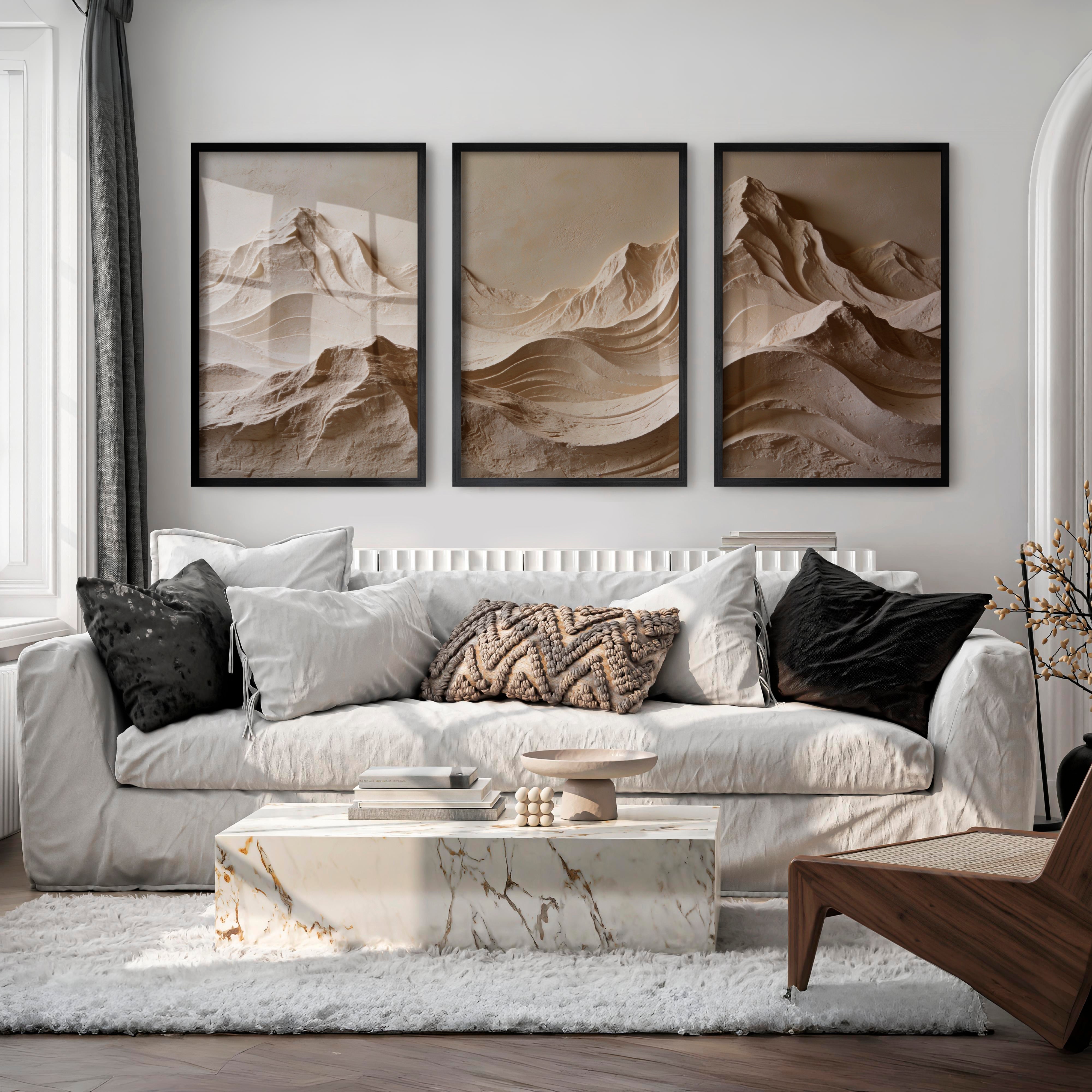 Mountain Relief modern japandi style in Warm Ivory - Black Framed Poster No Border - Artworksets