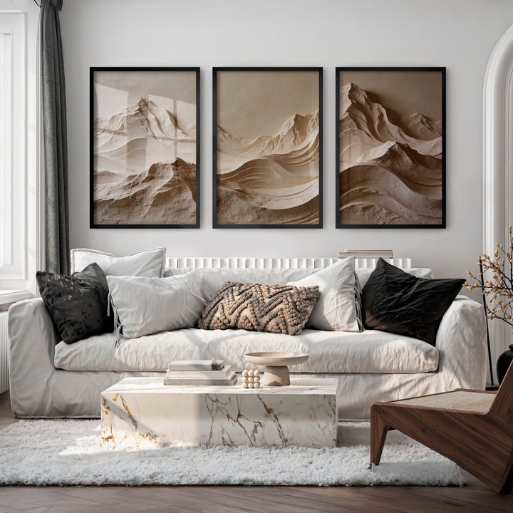 Mountain Relief modern japandi style in Warm Ivory - Black Framed Poster No Border - Artworksets