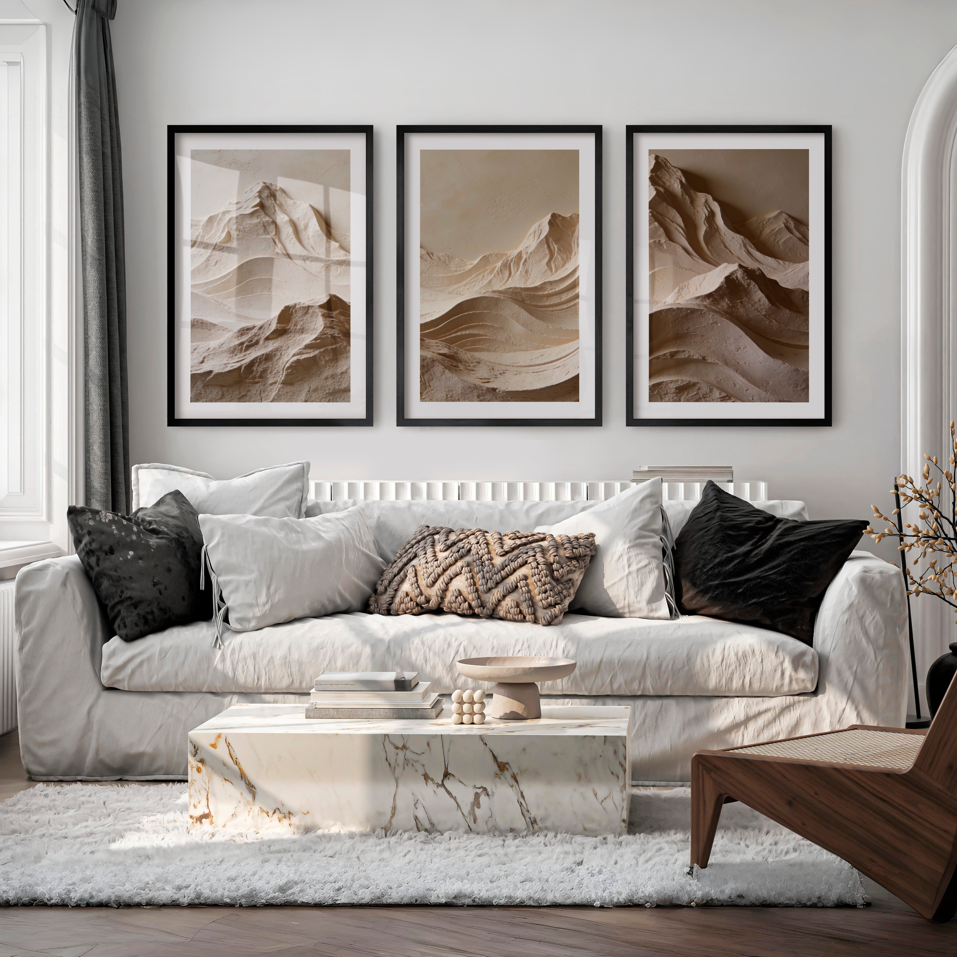 Mountain Relief modern japandi style in Warm Ivory - Black Framed Poster with White Border - Artworksets