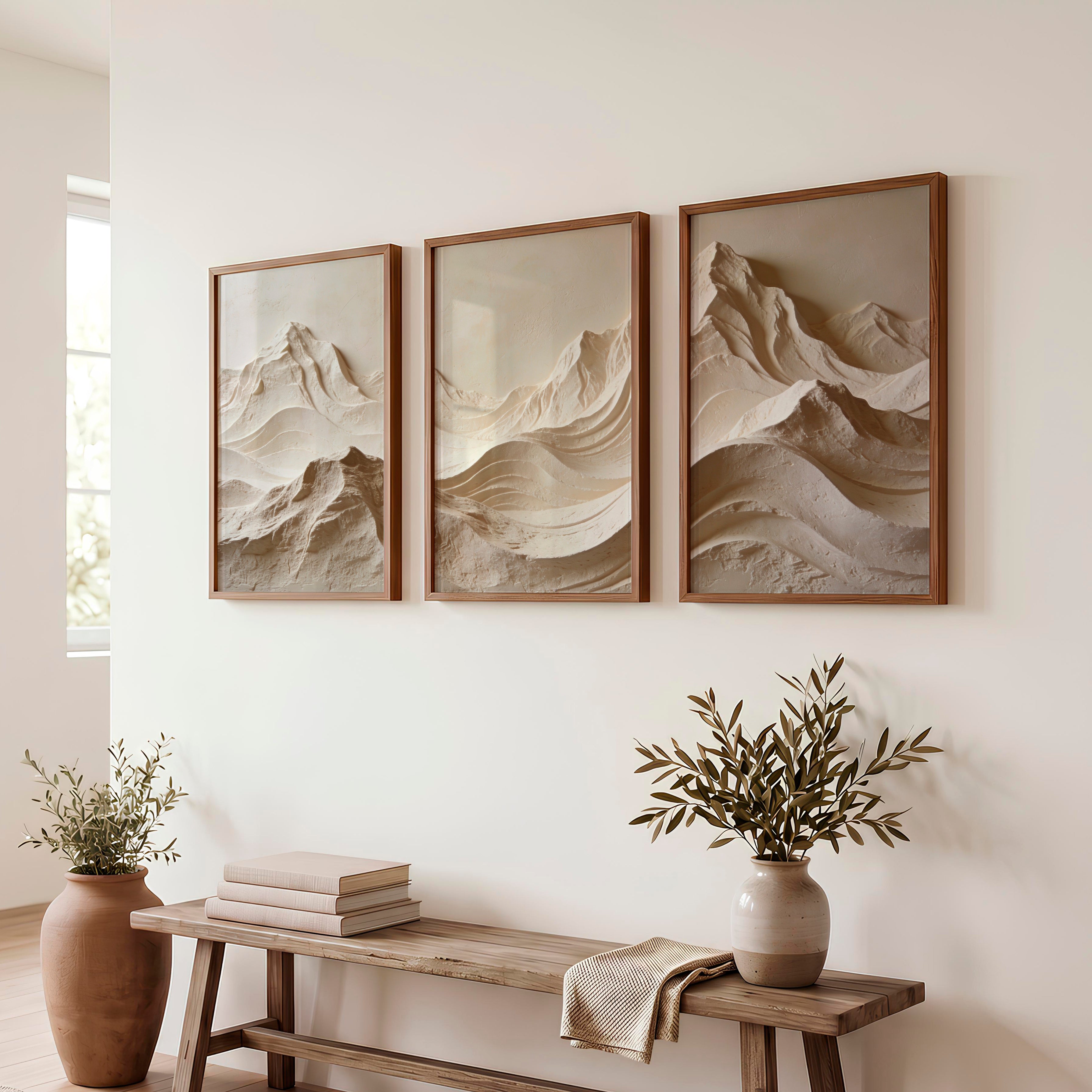 Mountain Relief modern japandi style in Warm Ivory - Dark Brown Framed Poster No Border - Artworksets