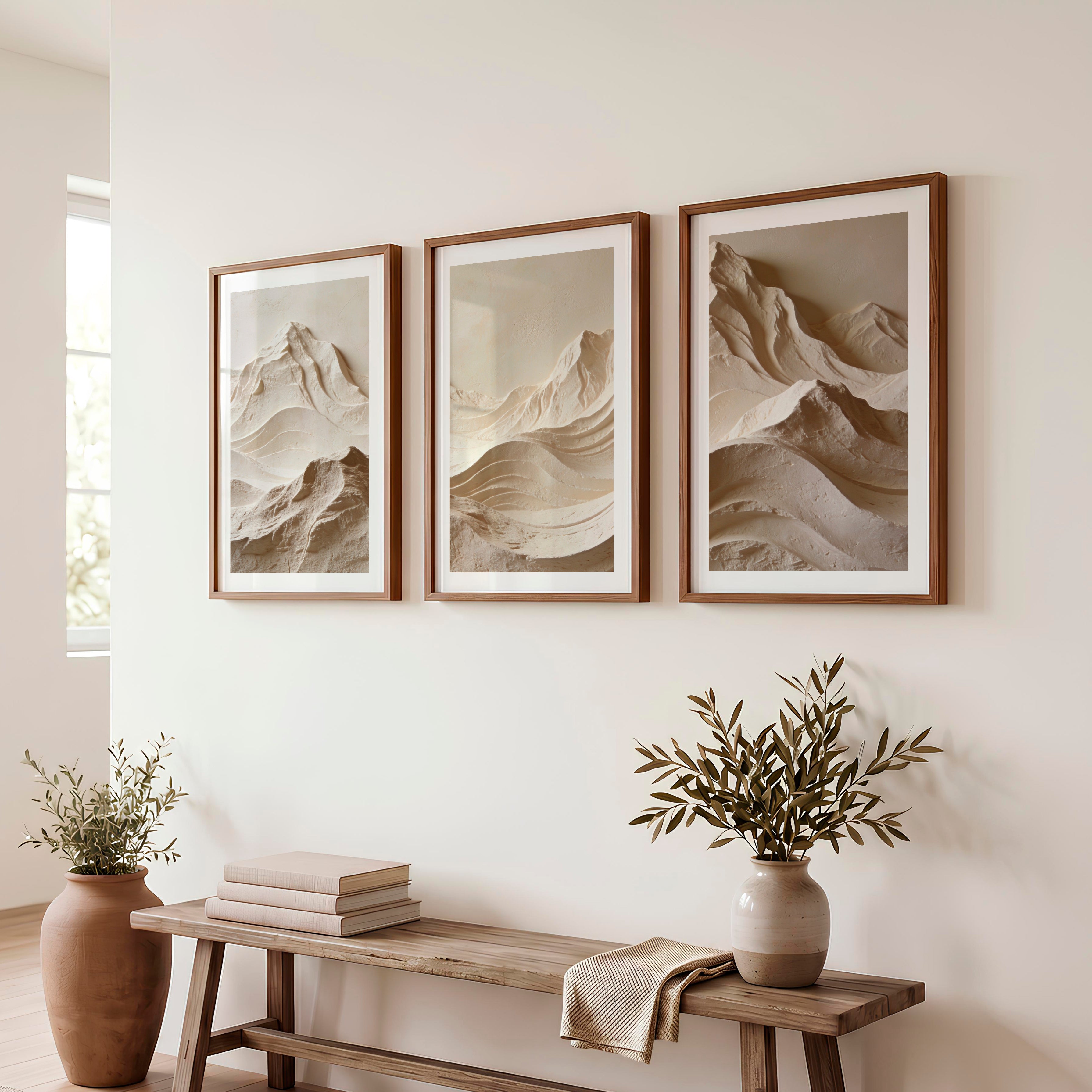 Mountain Relief modern japandi style in Warm Ivory - Dark Brown Framed Poster with White Border - Artworksets