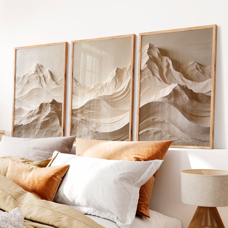 Mountain Relief modern japandi style in Warm Ivory - Natural Wood Framed Poster No Border - Artworksets