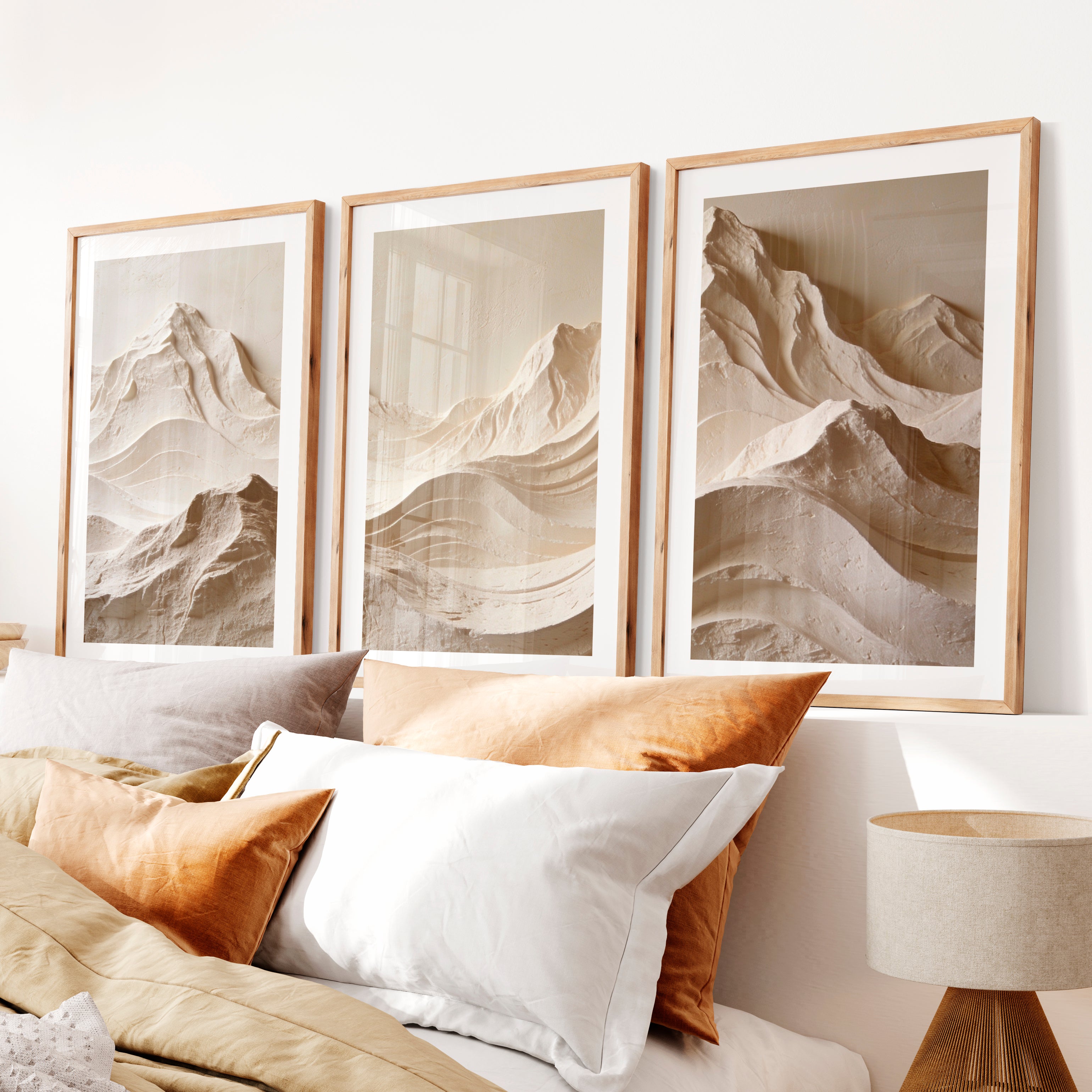 Mountain Relief modern japandi style in Warm Ivory- Natural Wood Framed Poster with White Border - Artworksets